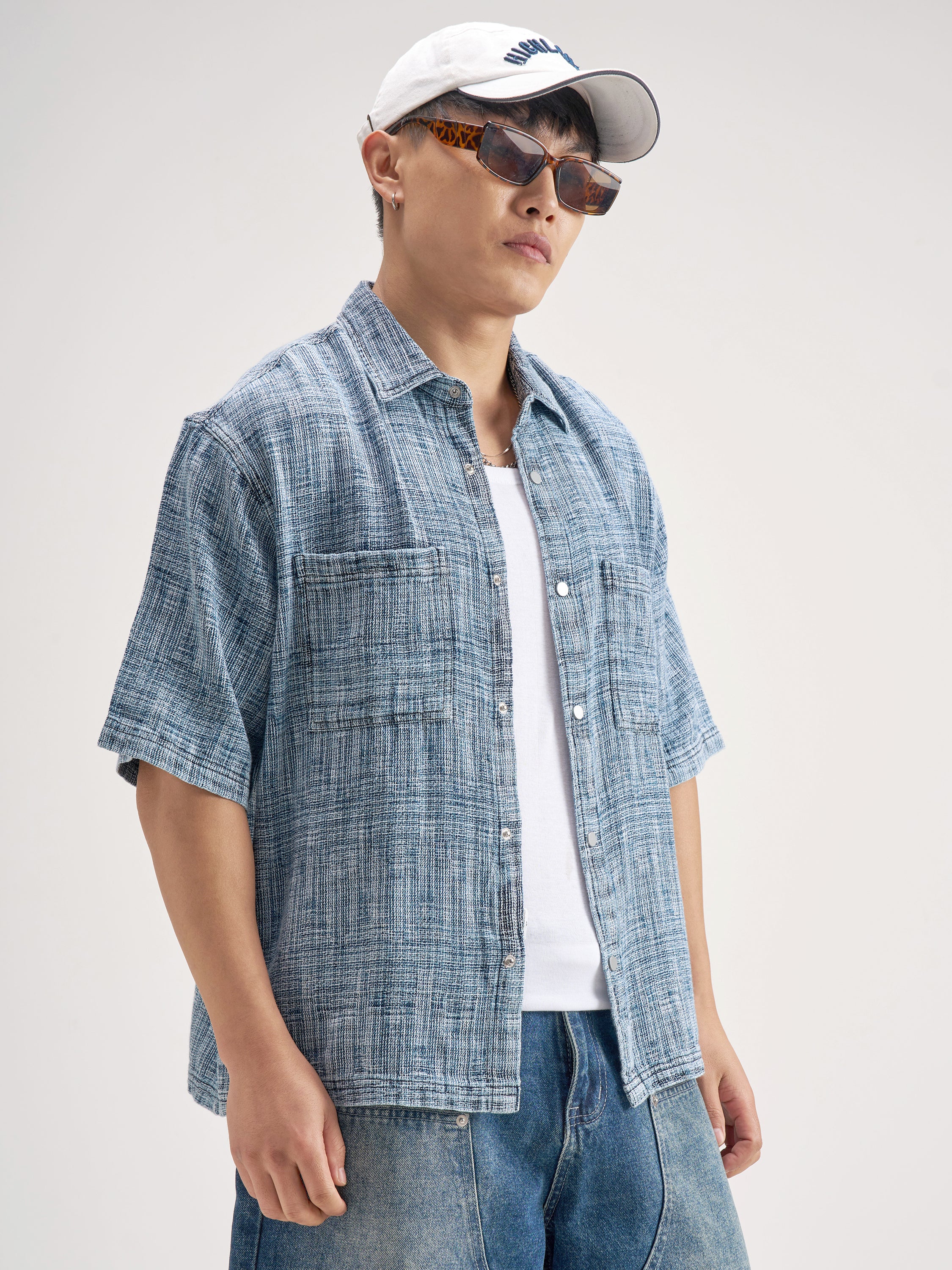 Highlander Men Blue Self Design Boxy Fit Casual Shirt - Blue - Image 6