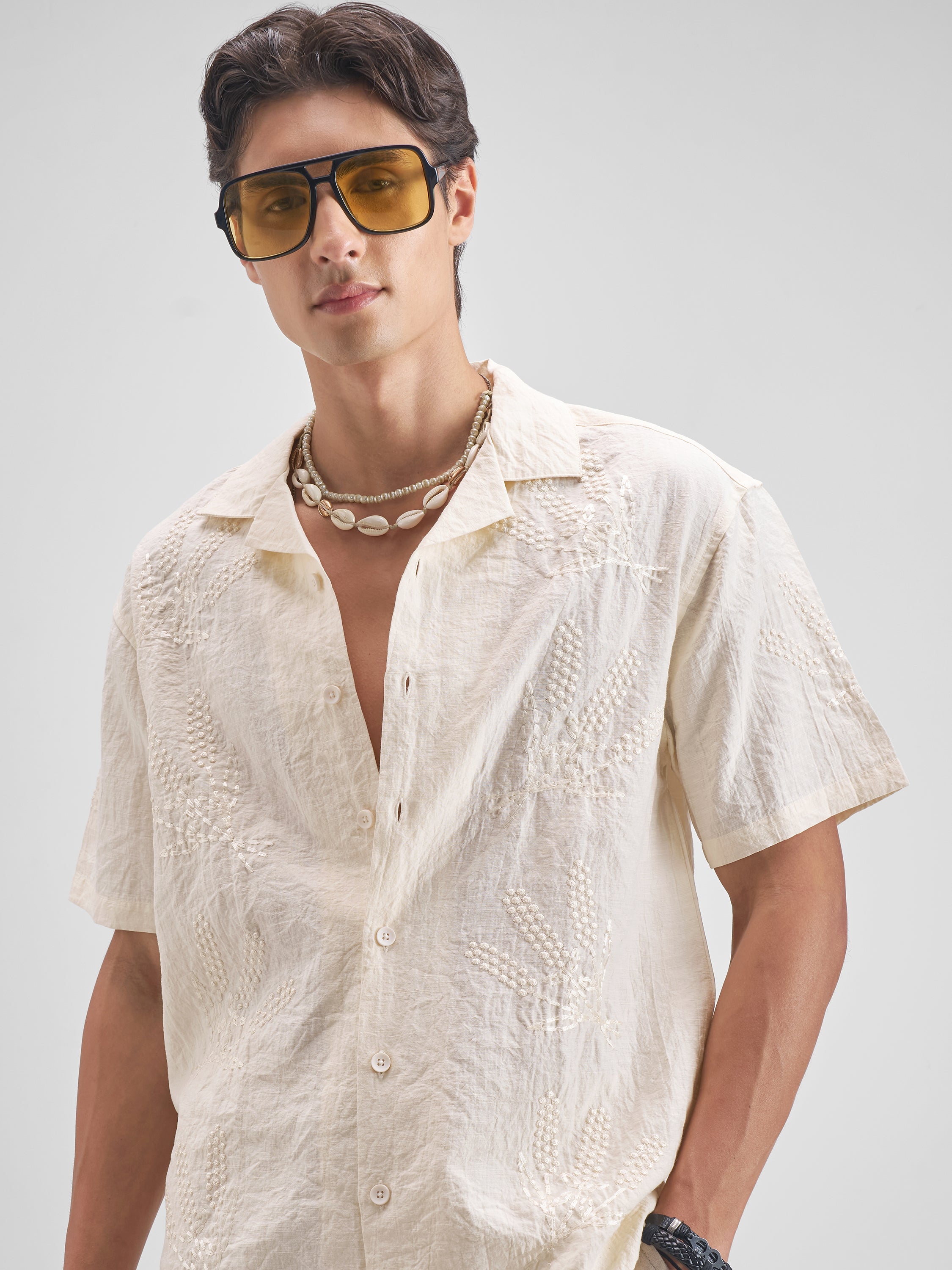 Highlander Men Cream Embroidered Relaxed Fit Casual Shirt - Cream - Image 1