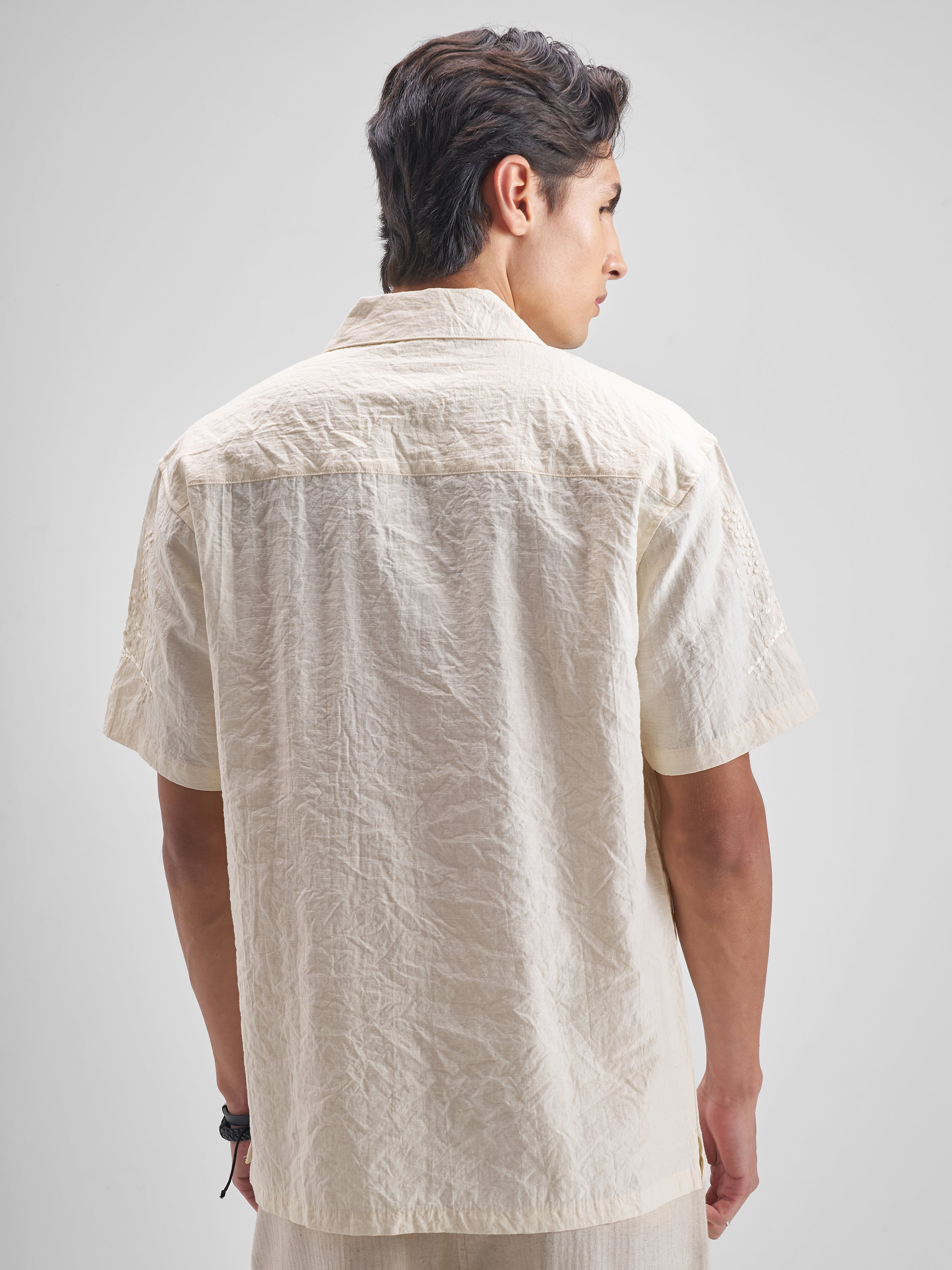 Highlander Men Cream Embroidered Relaxed Fit Casual Shirt - Cream - Image 3