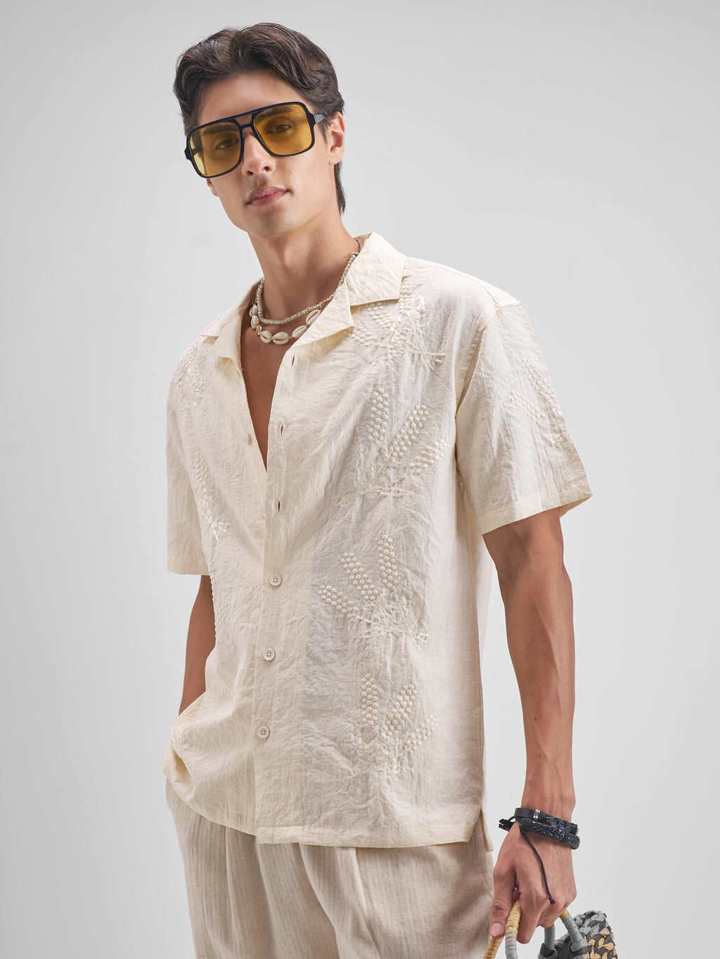 Highlander Men Cream Embroidered Relaxed Fit Casual Shirt - Cream - Image 4