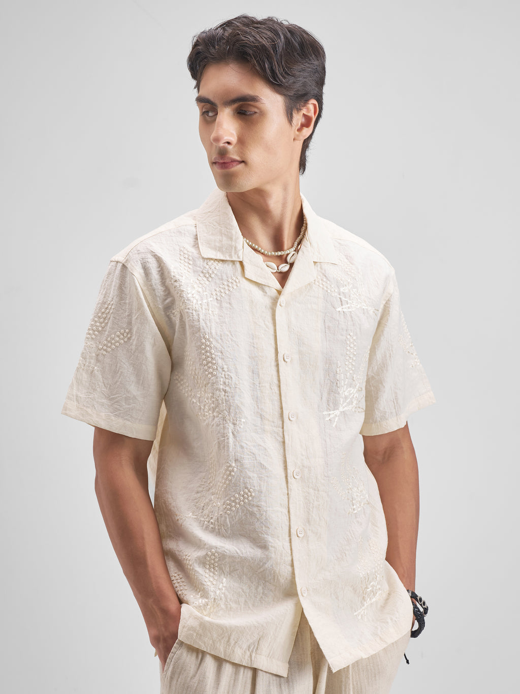 Highlander Men Cream Embroidered Relaxed Fit Casual Shirt - Cream - Image 6