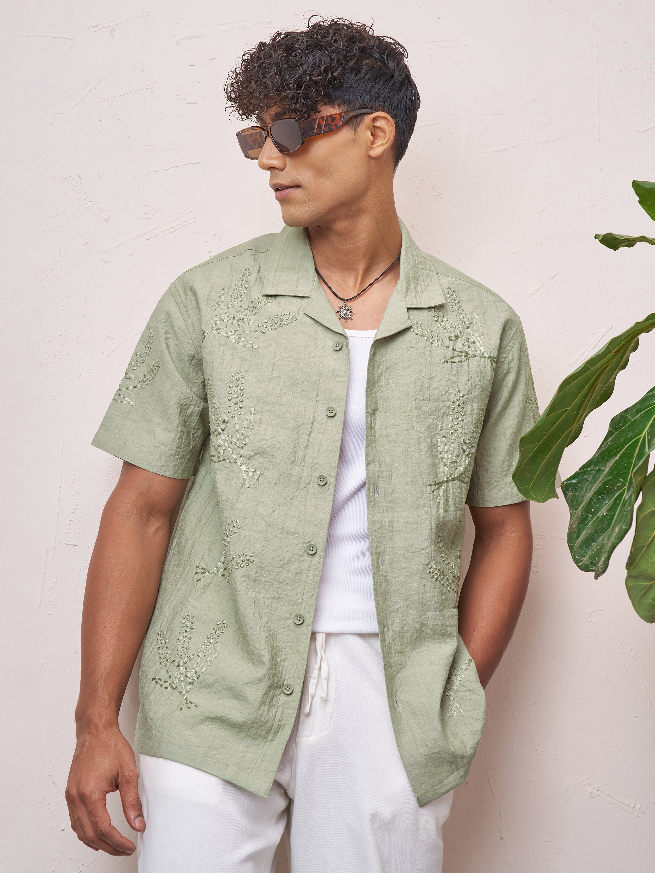 Highlander Men Green Self Design Relaxed Fit Casual Shirt - Green - Image 4