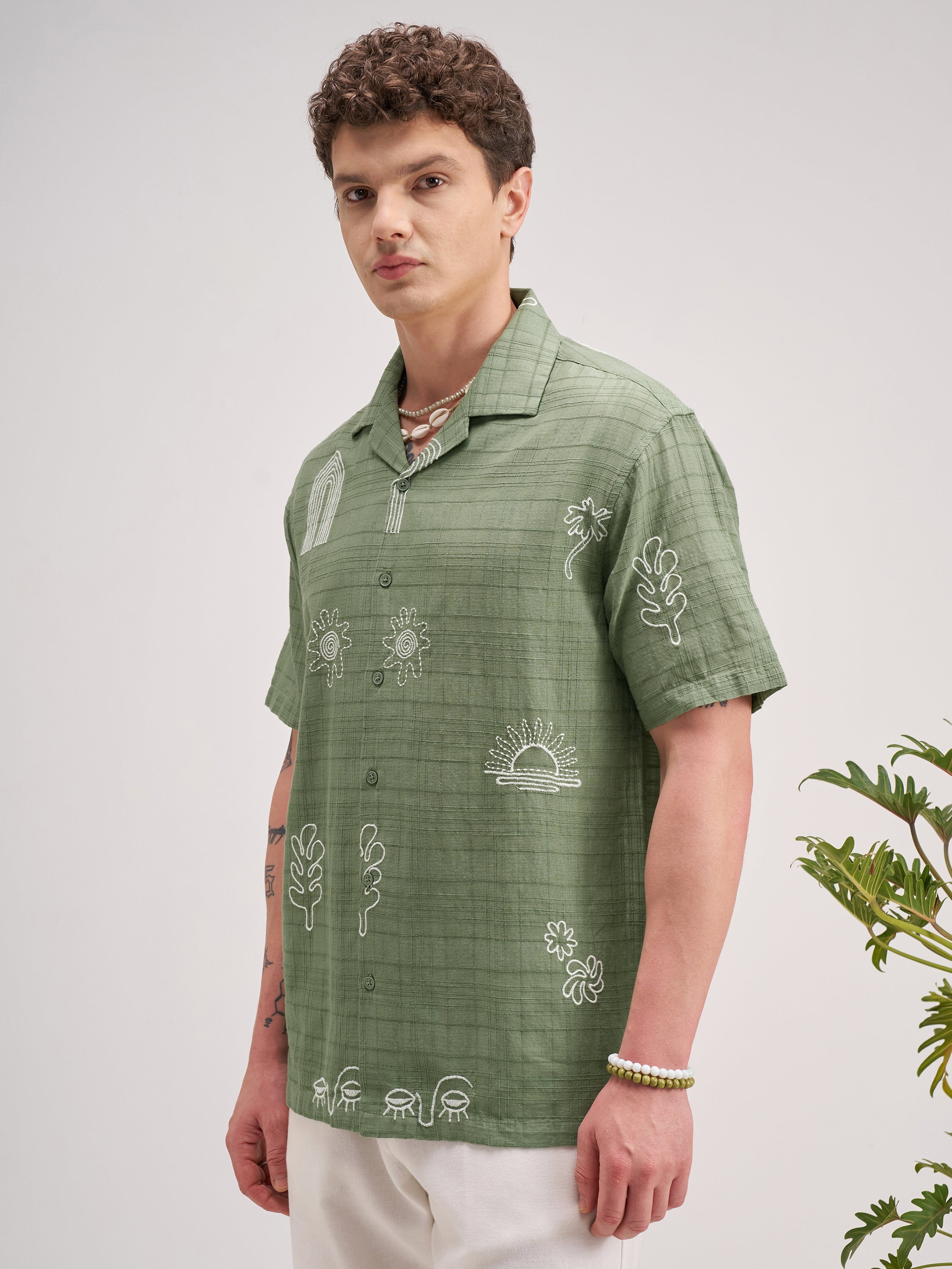 Highlander Men Green Self Design Relaxed Fit Casual Shirt - Green - Image 4