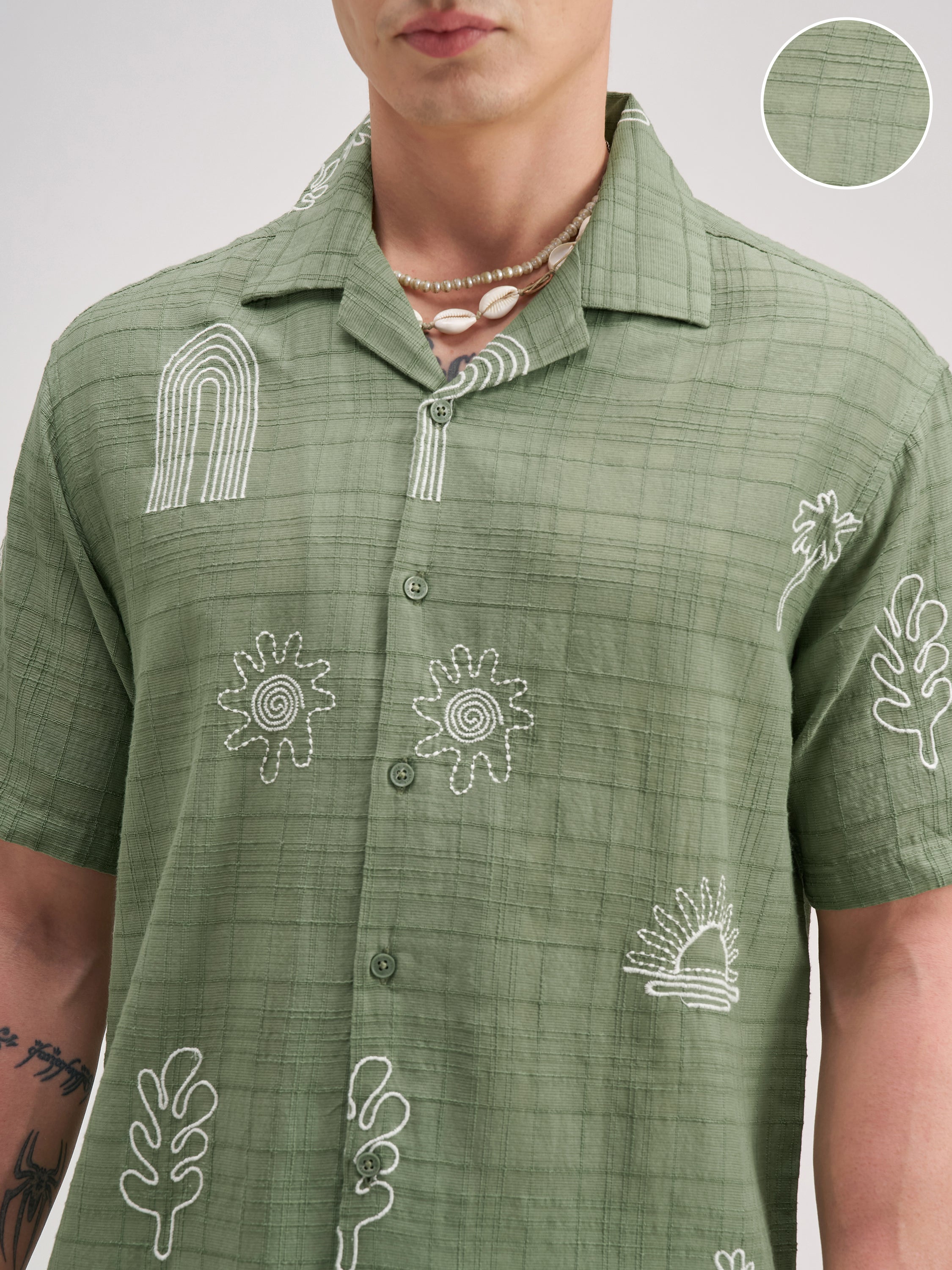 Highlander Men Green Self Design Relaxed Fit Casual Shirt - Green - Image 5