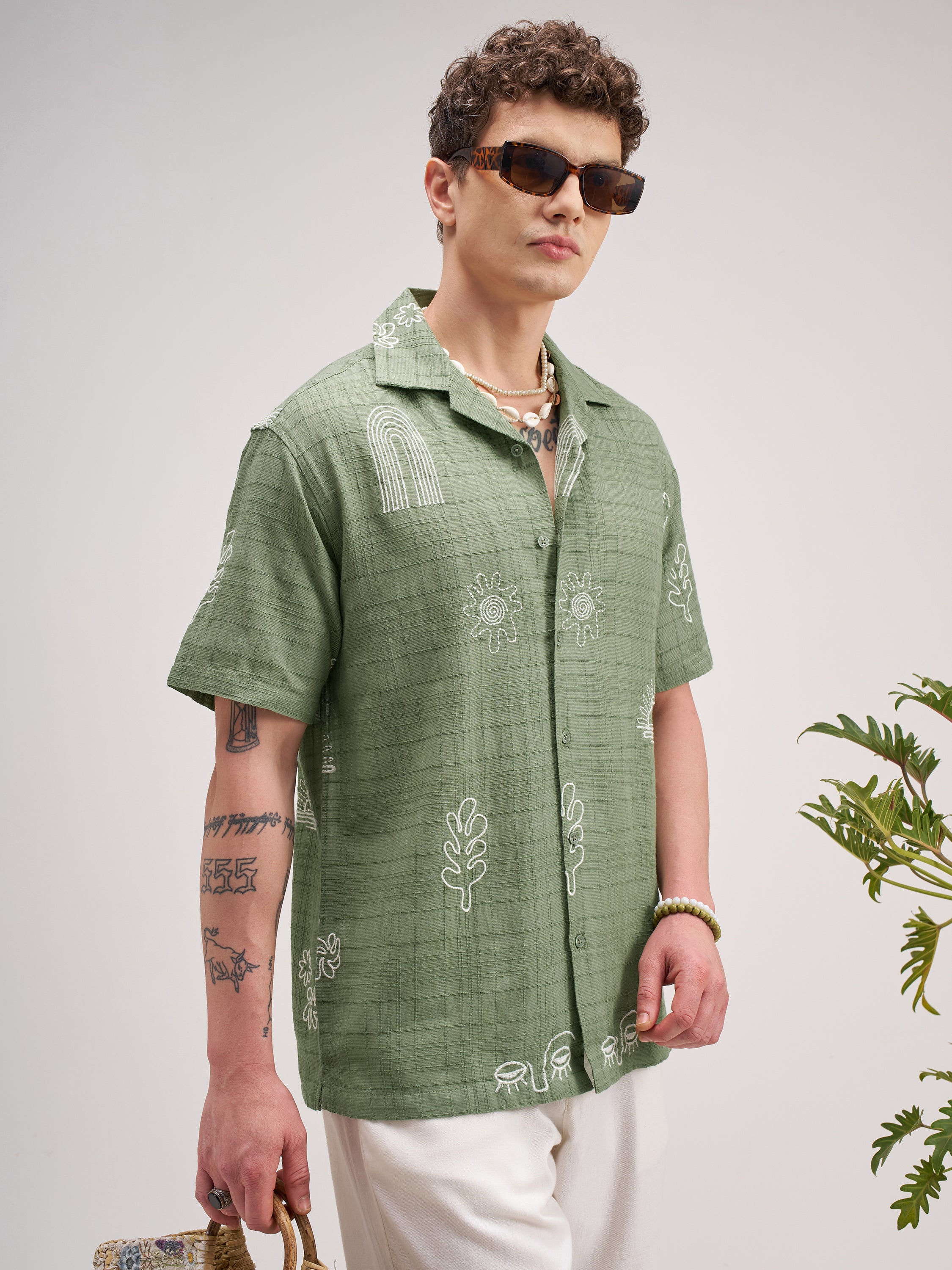 Highlander Men Green Self Design Relaxed Fit Casual Shirt - Green - Image 6