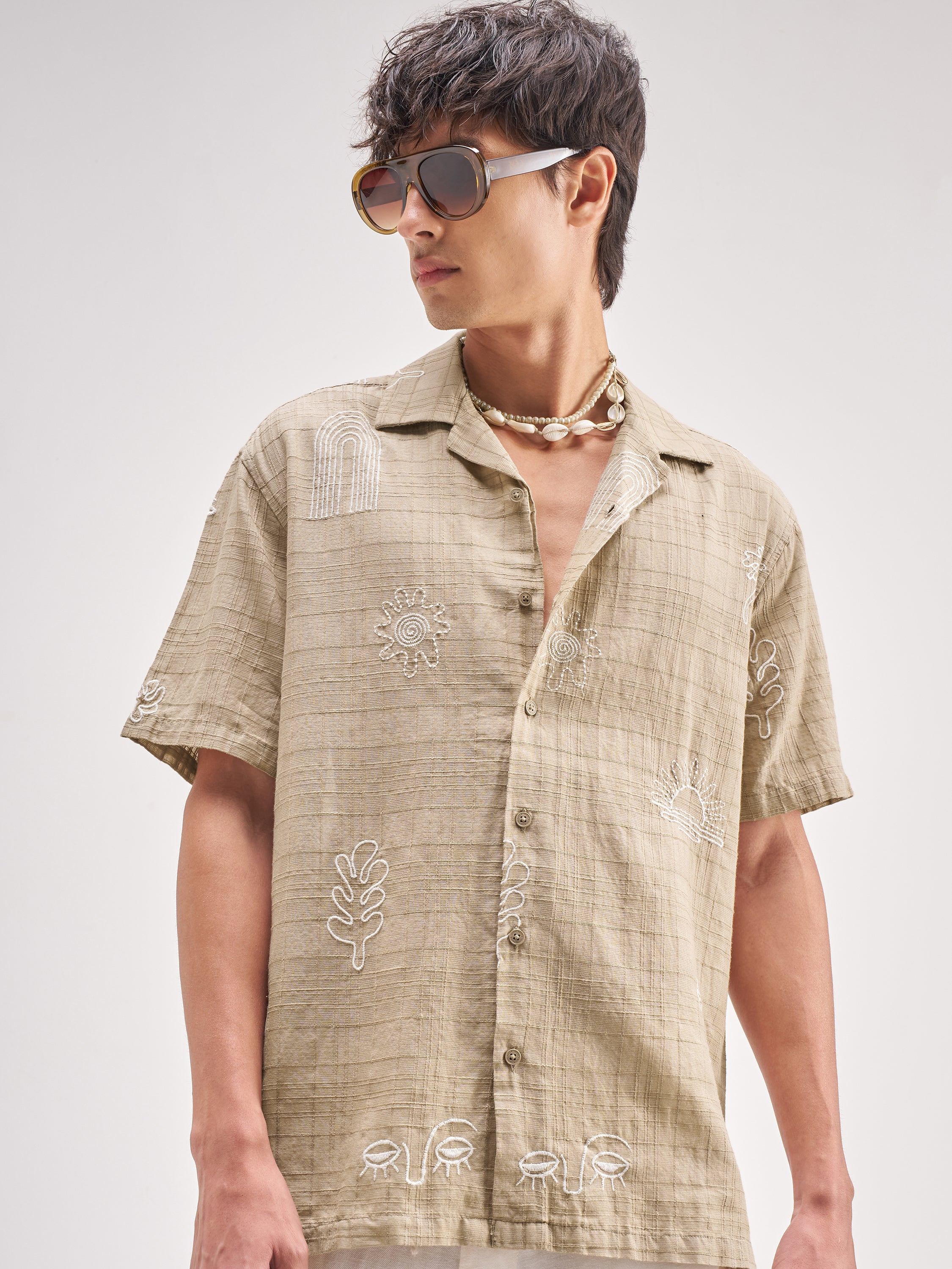Highlander Men Tan Self Design Relaxed Fit Casual Shirt - Tan - Image 1