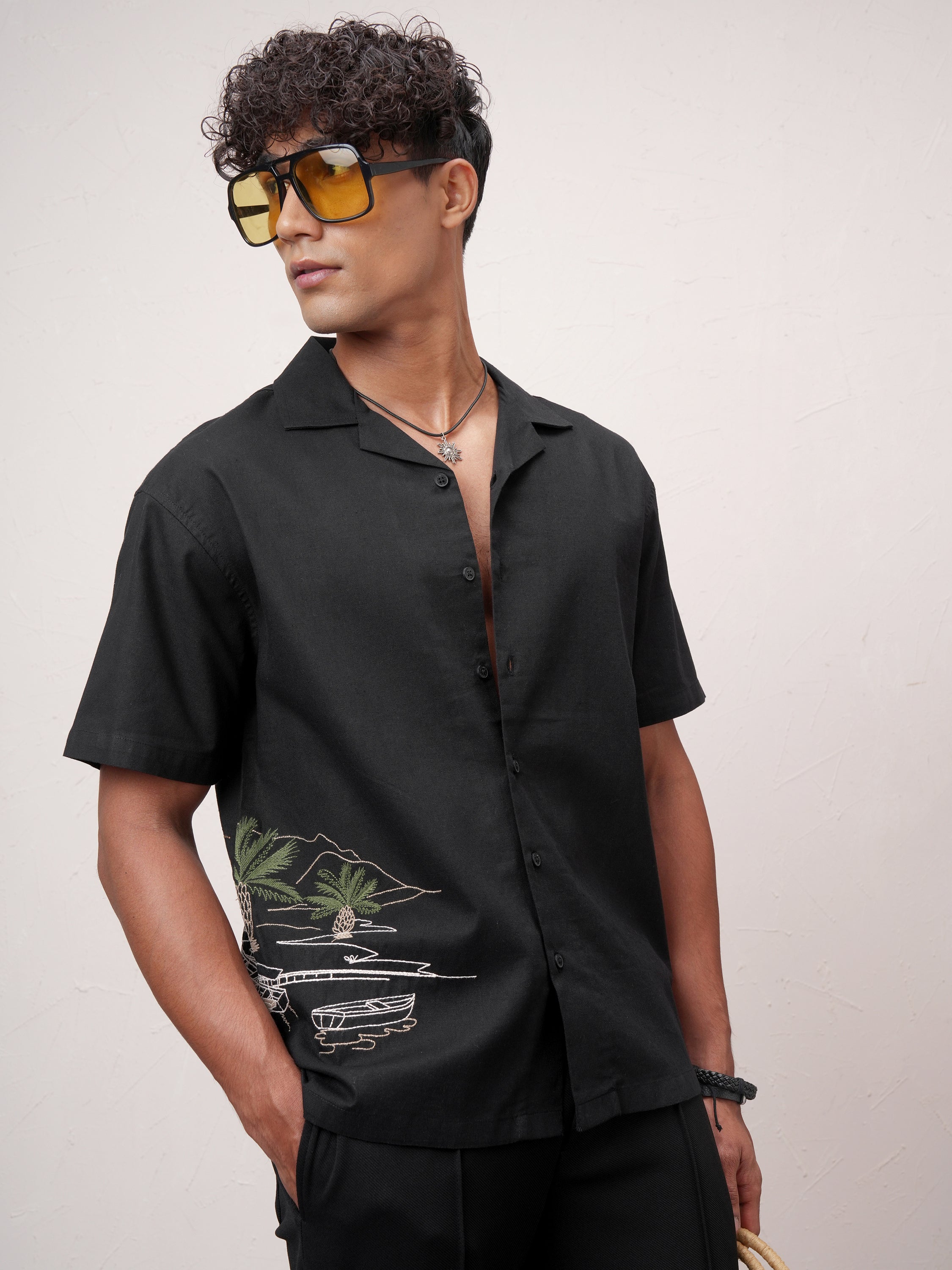 Highlander Men Black Embroidered Relaxed Fit Casual Shirt - Black - Image 6