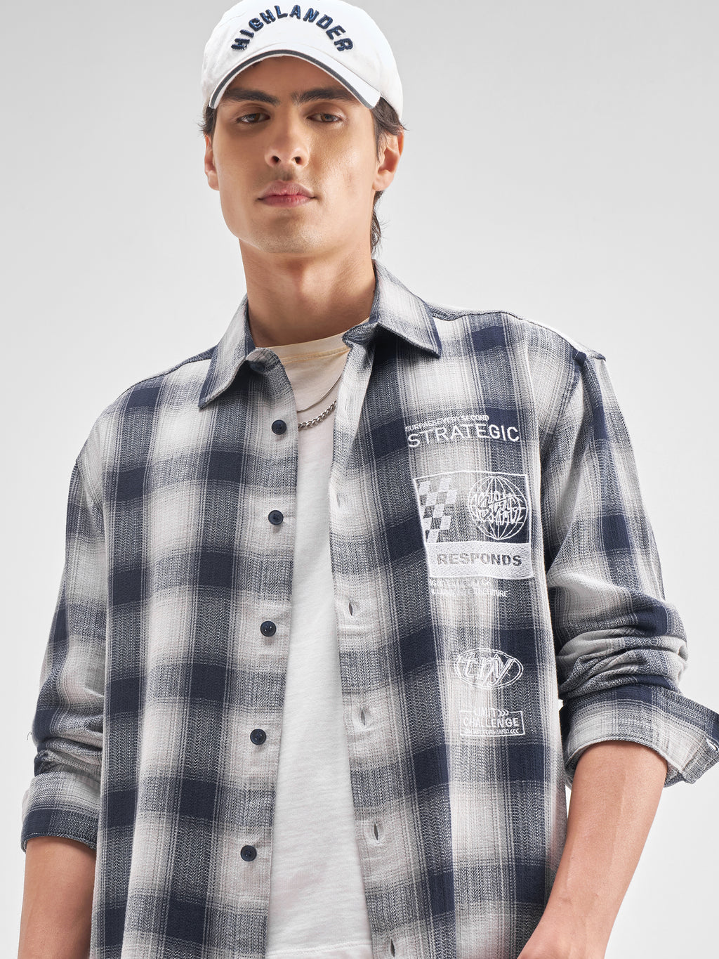Highlander Men Navy Blue Checked Relaxed Fit Casual Shirt - Navy Blue - Image 1