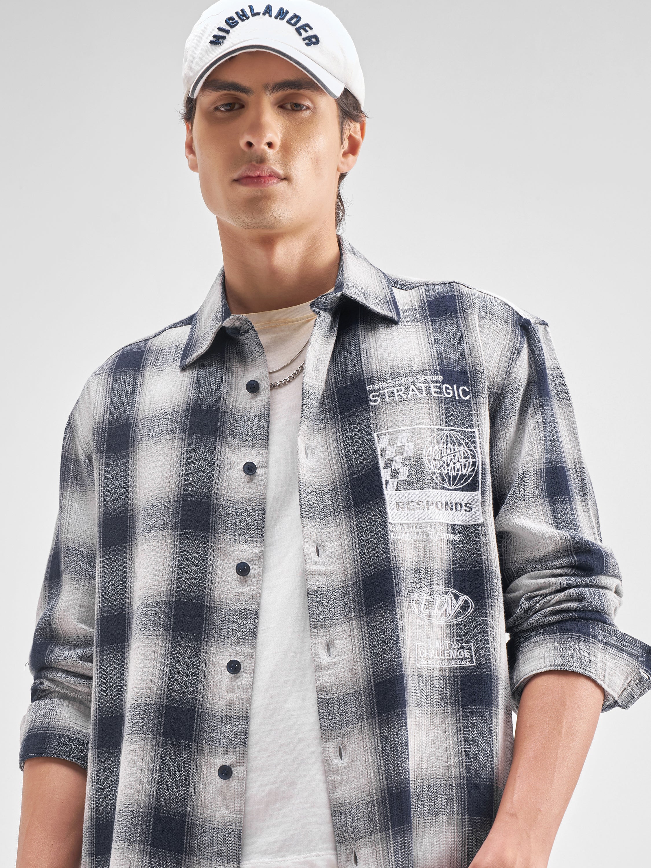 Highlander Men Navy Blue Checked Relaxed Fit Casual Shirt - Navy Blue - Image 1
