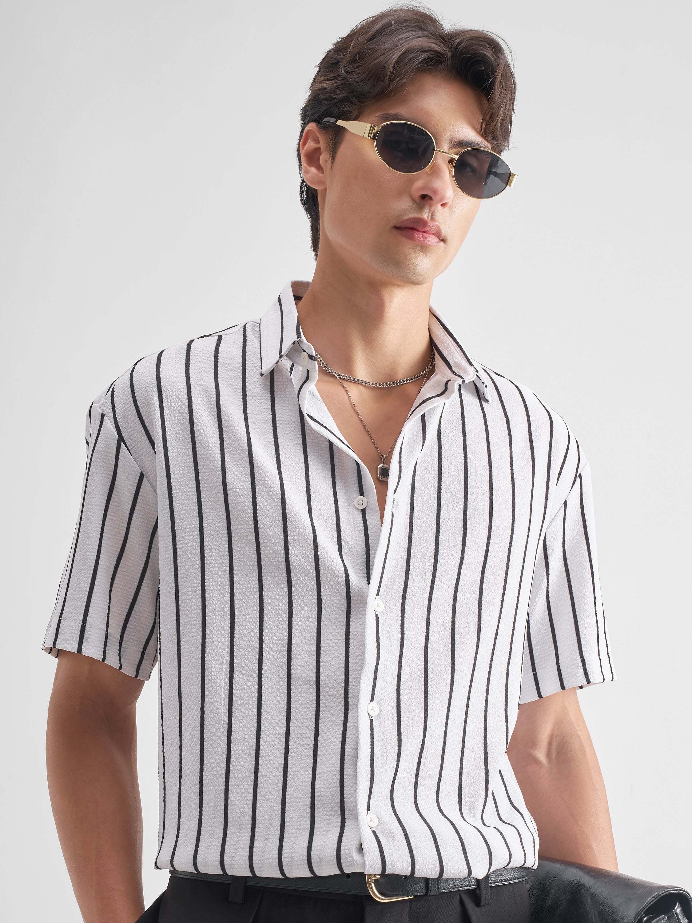 Highlander Men White Striped Relaxed Fit Casual Shirt - White - Image 1