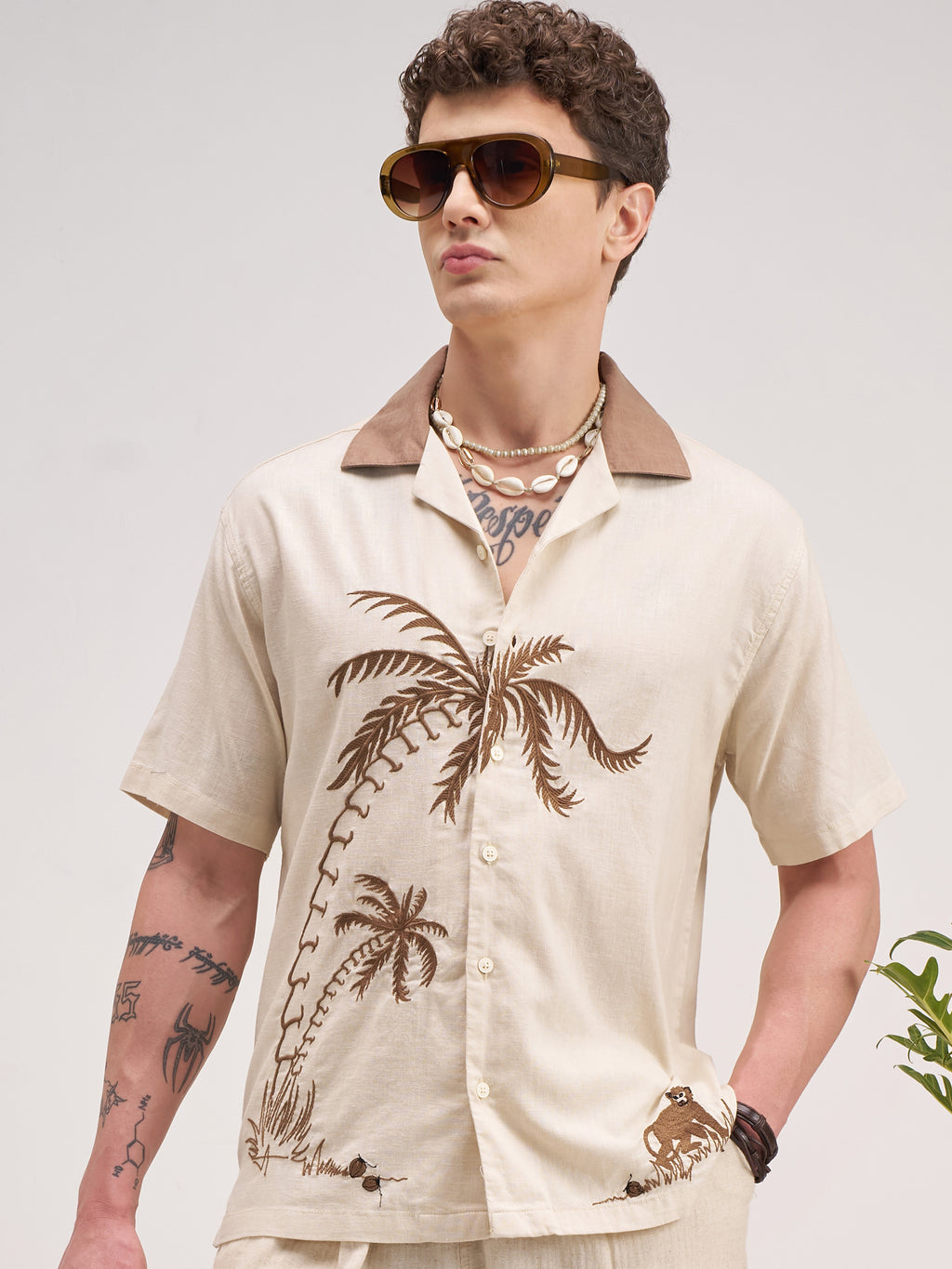 Highlander Men Cream Self Design Regular Fit Casual Shirt - Cream - Image 1