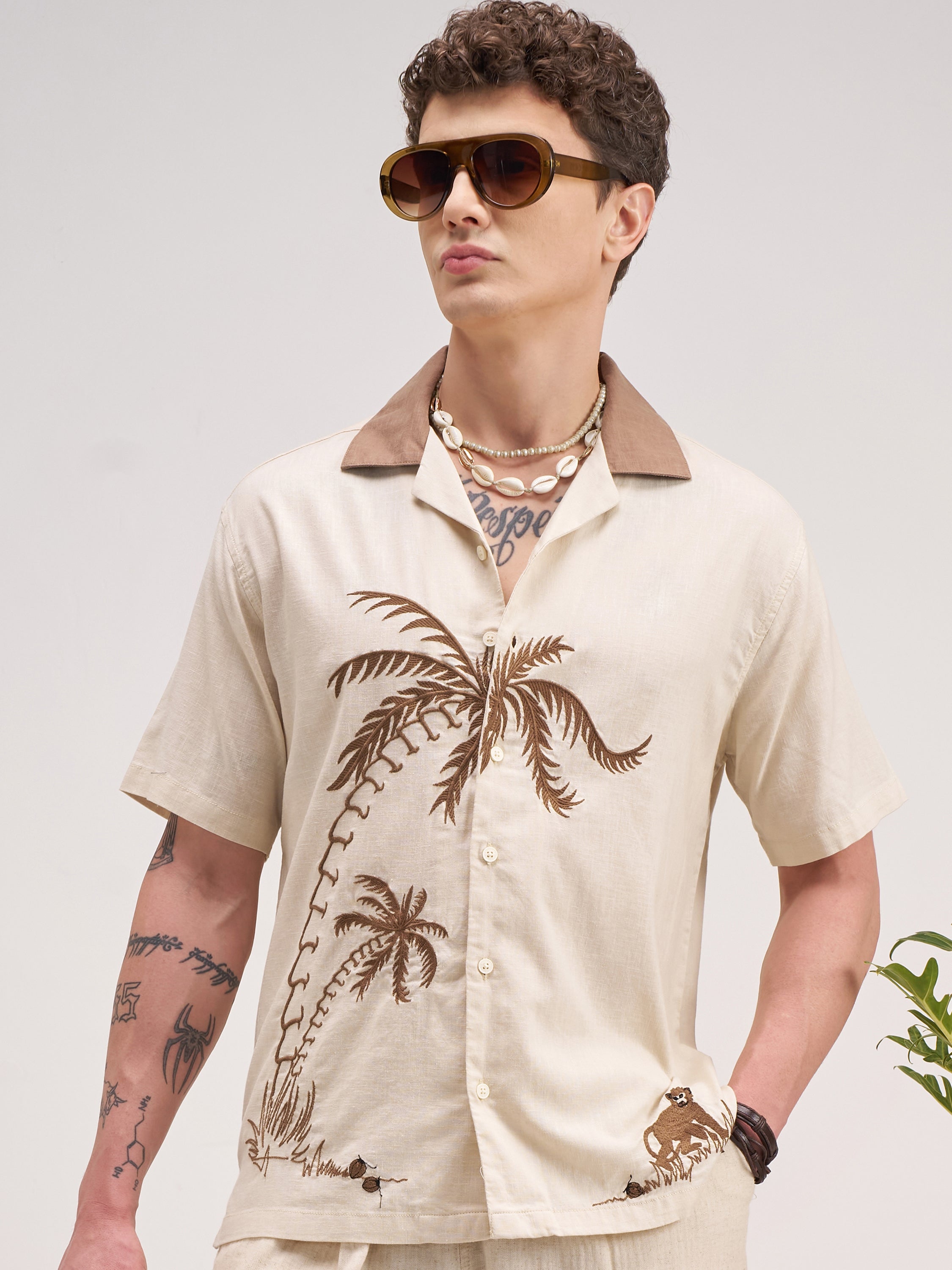 Highlander Men Cream Self Design Regular Fit Casual Shirt - Cream - Image 1