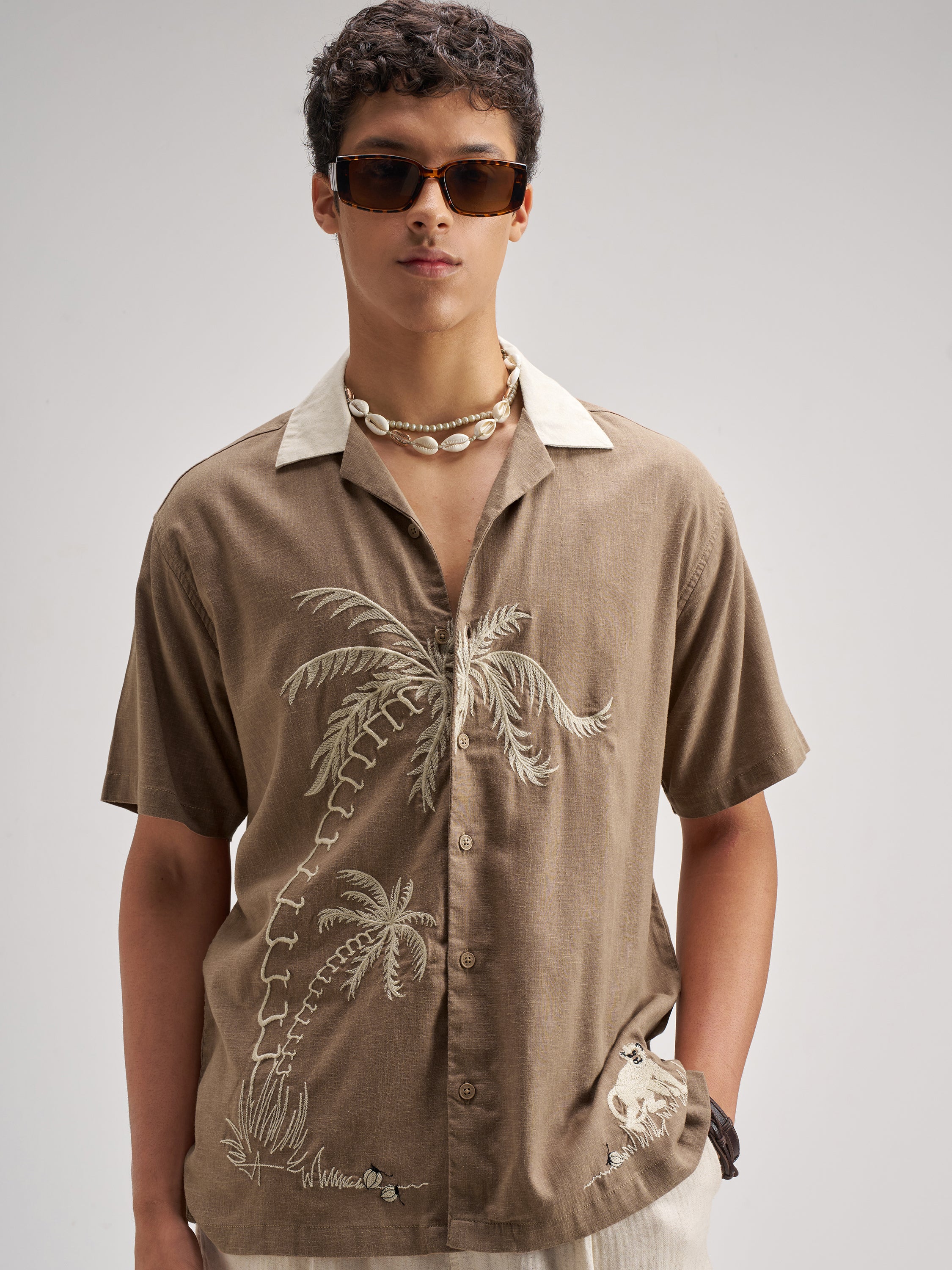 Highlander Men Brown Embroidered Relaxed Fit Casual Shirt - Brown - Image 1