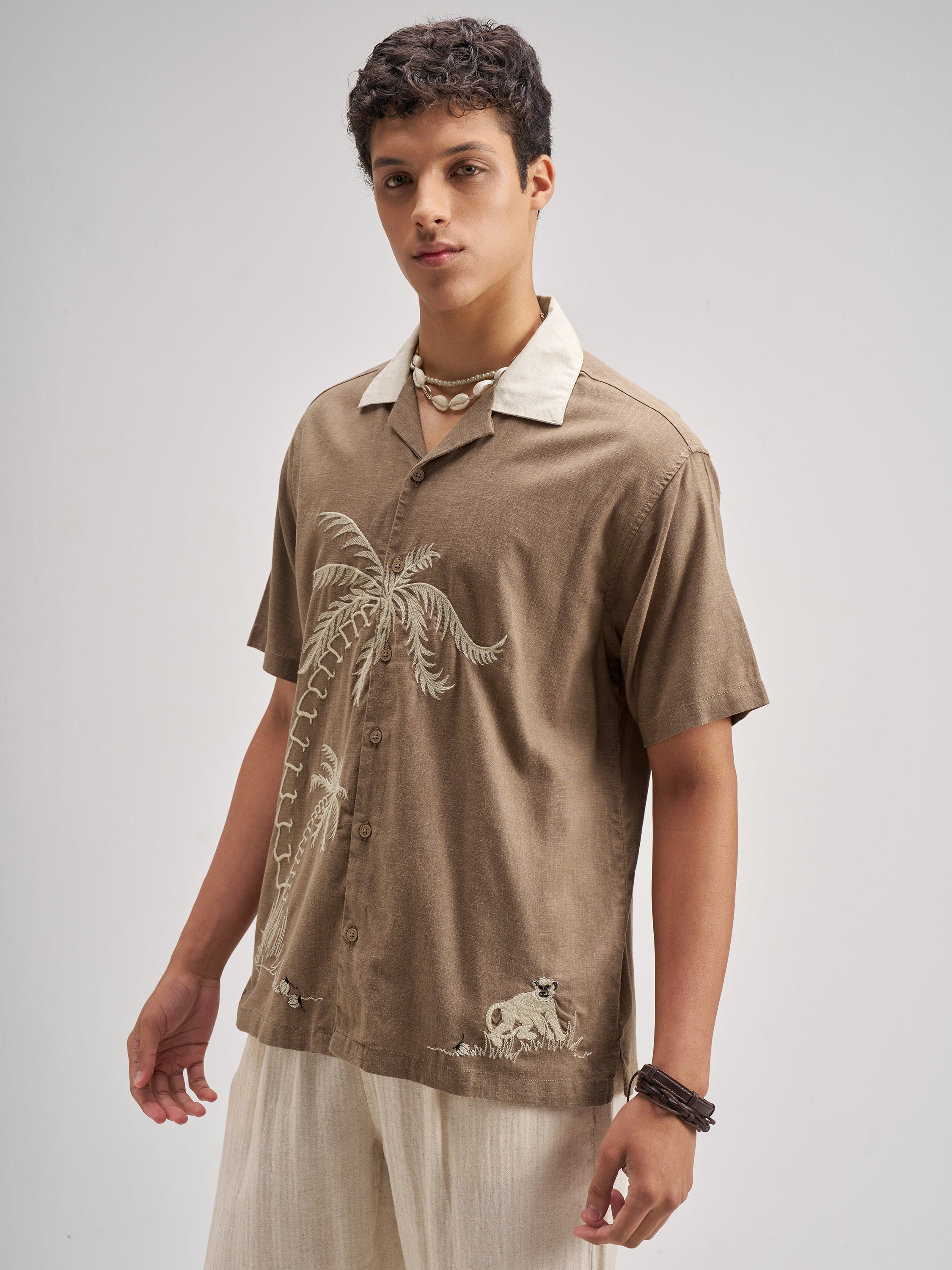 Highlander Men Brown Embroidered Relaxed Fit Casual Shirt - Brown - Image 4