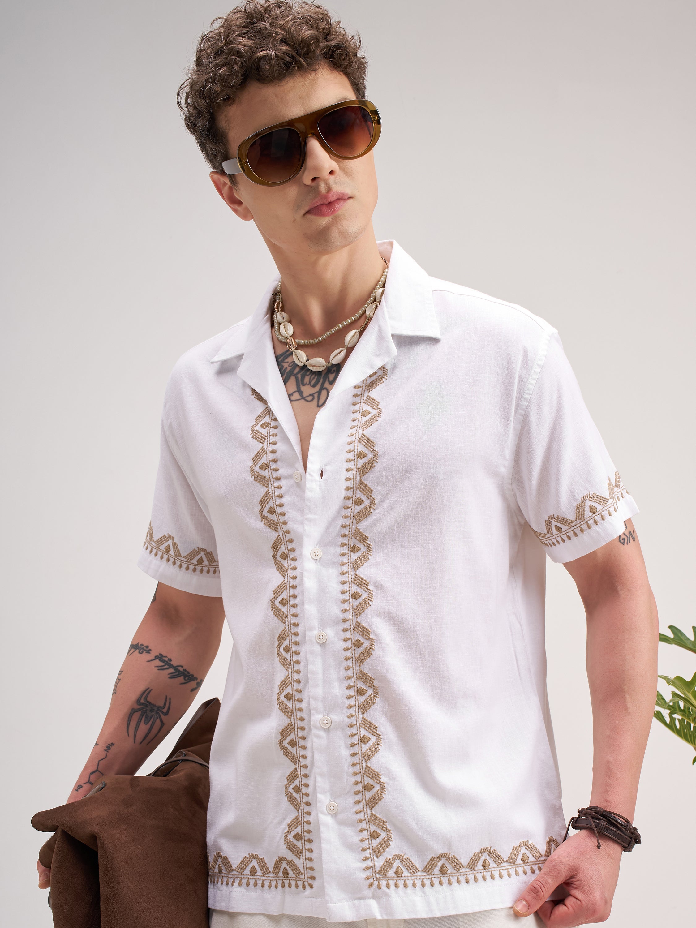 Highlander Men White Self Design Regular Fit Casual Shirt - White - Image 1