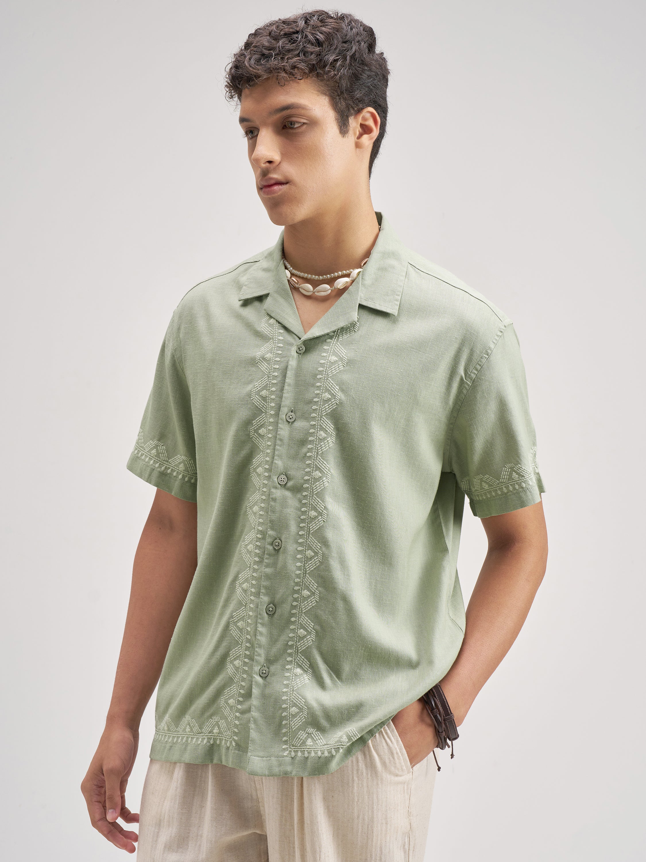 Highlander Men Green Embroidered Relaxed Fit Casual Shirt - Green - Image 4