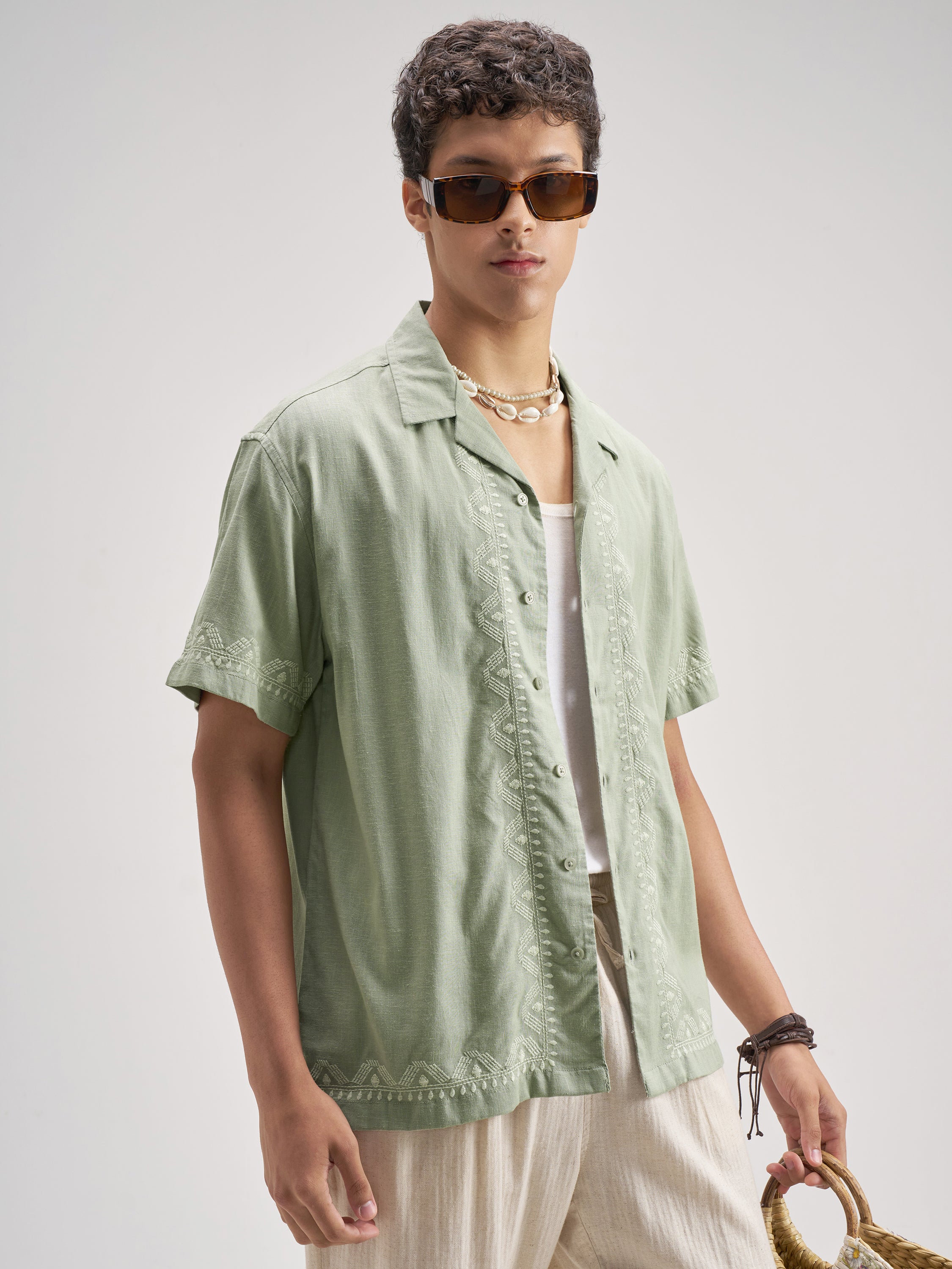 Highlander Men Green Embroidered Relaxed Fit Casual Shirt - Green - Image 6