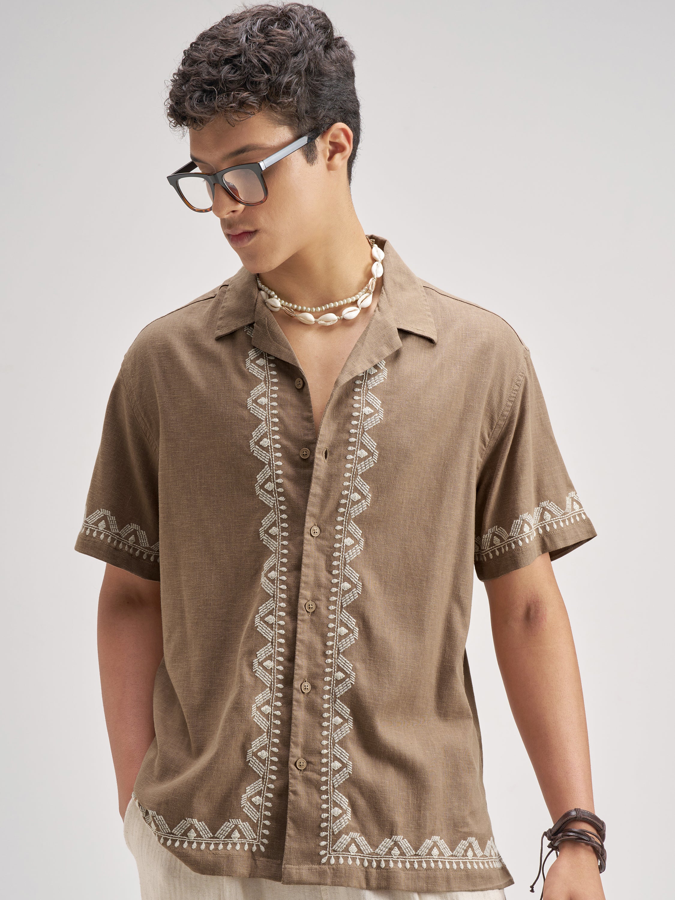 Highlander Men Brown Embroidered Relaxed Fit Casual Shirt - Brown - Image 1