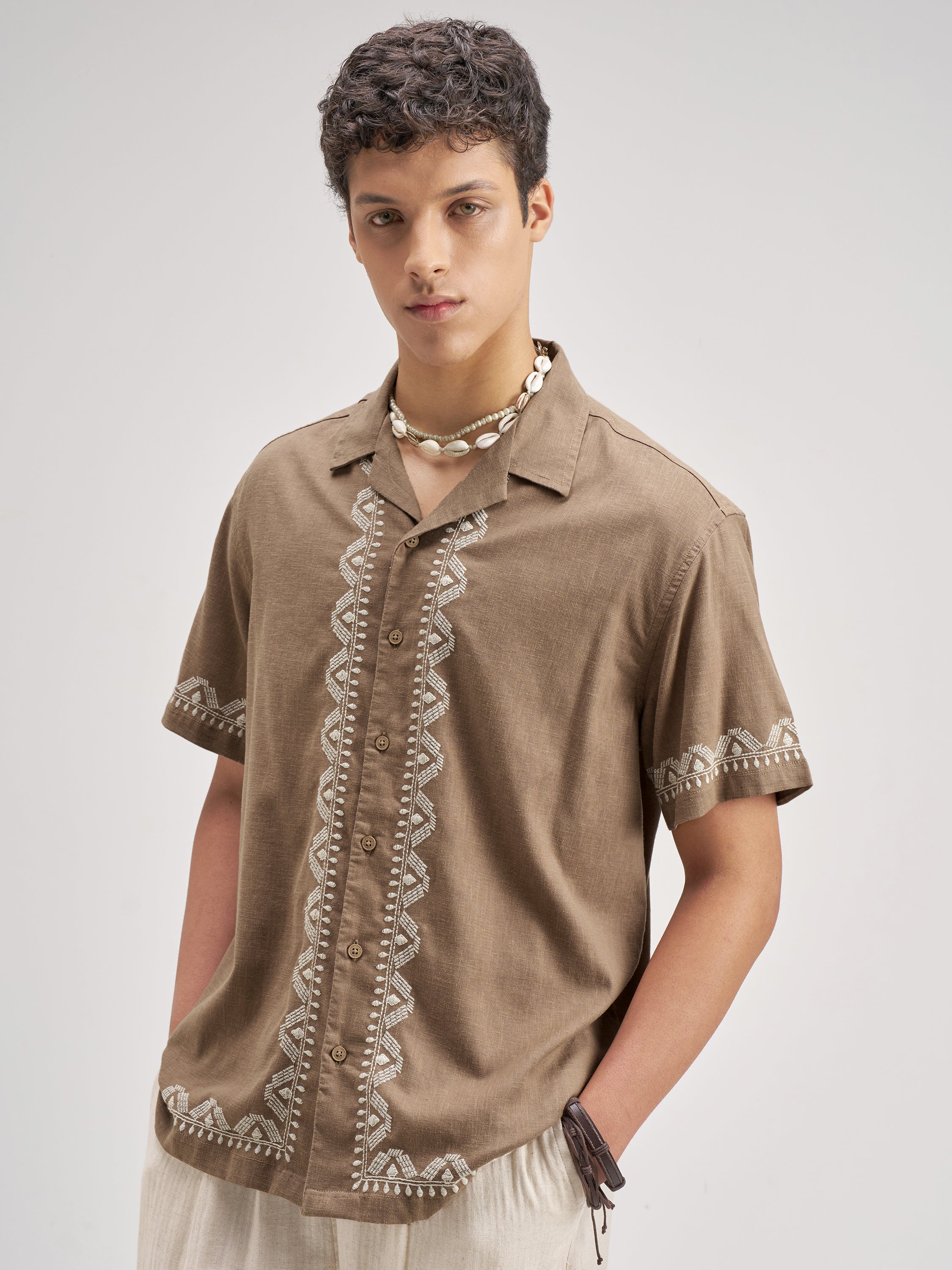 Highlander Men Brown Embroidered Relaxed Fit Casual Shirt - Brown - Image 4