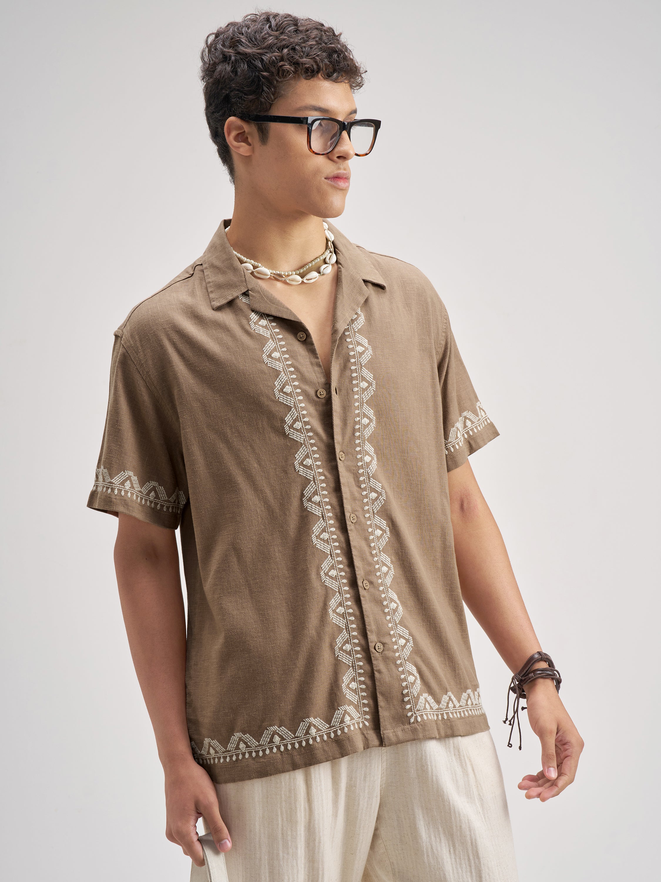 Highlander Men Brown Embroidered Relaxed Fit Casual Shirt - Brown - Image 6