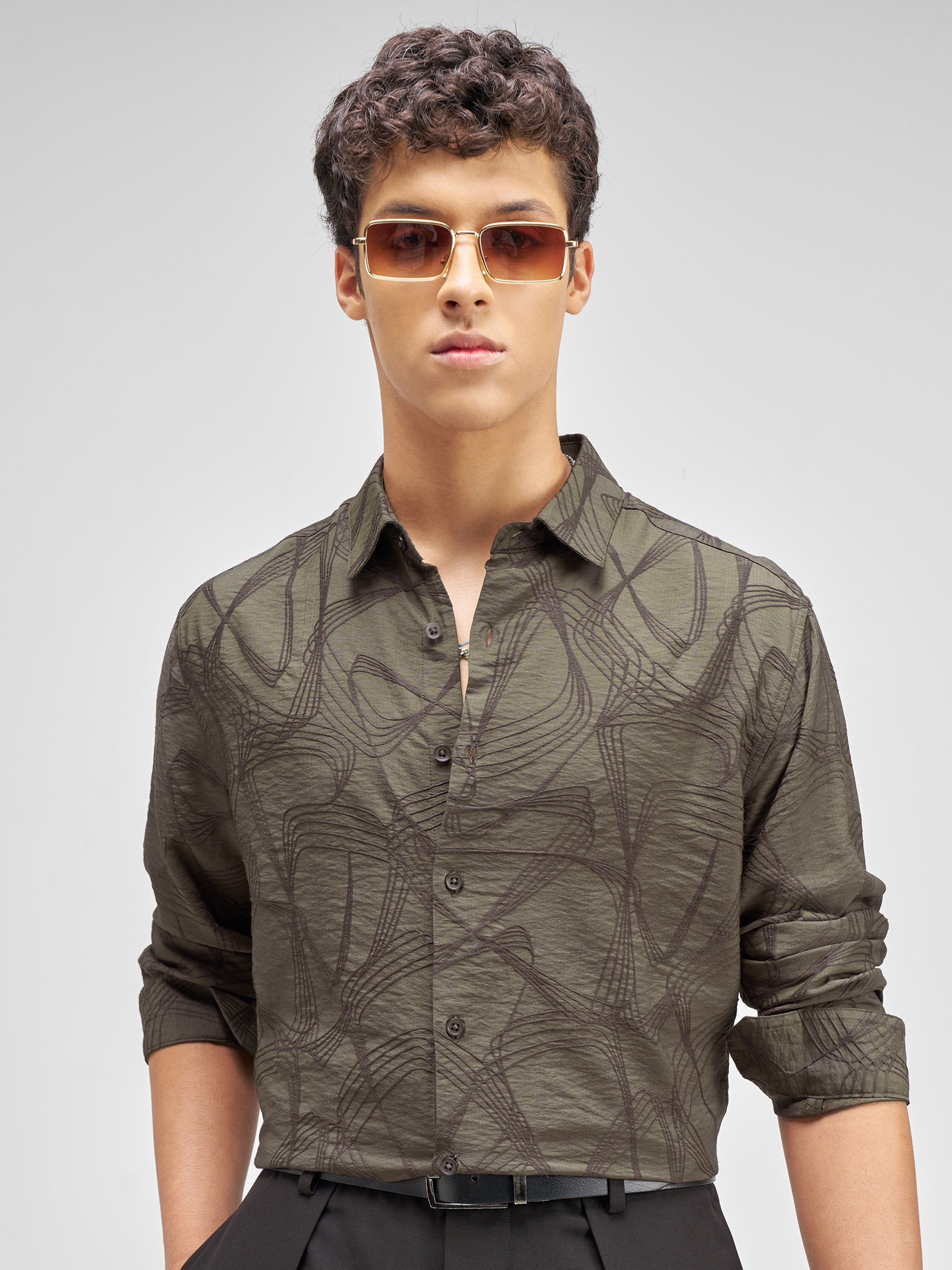 Highlander Men Olive Embroidered Relaxed Fit Casual Shirt - Olive - Image 1