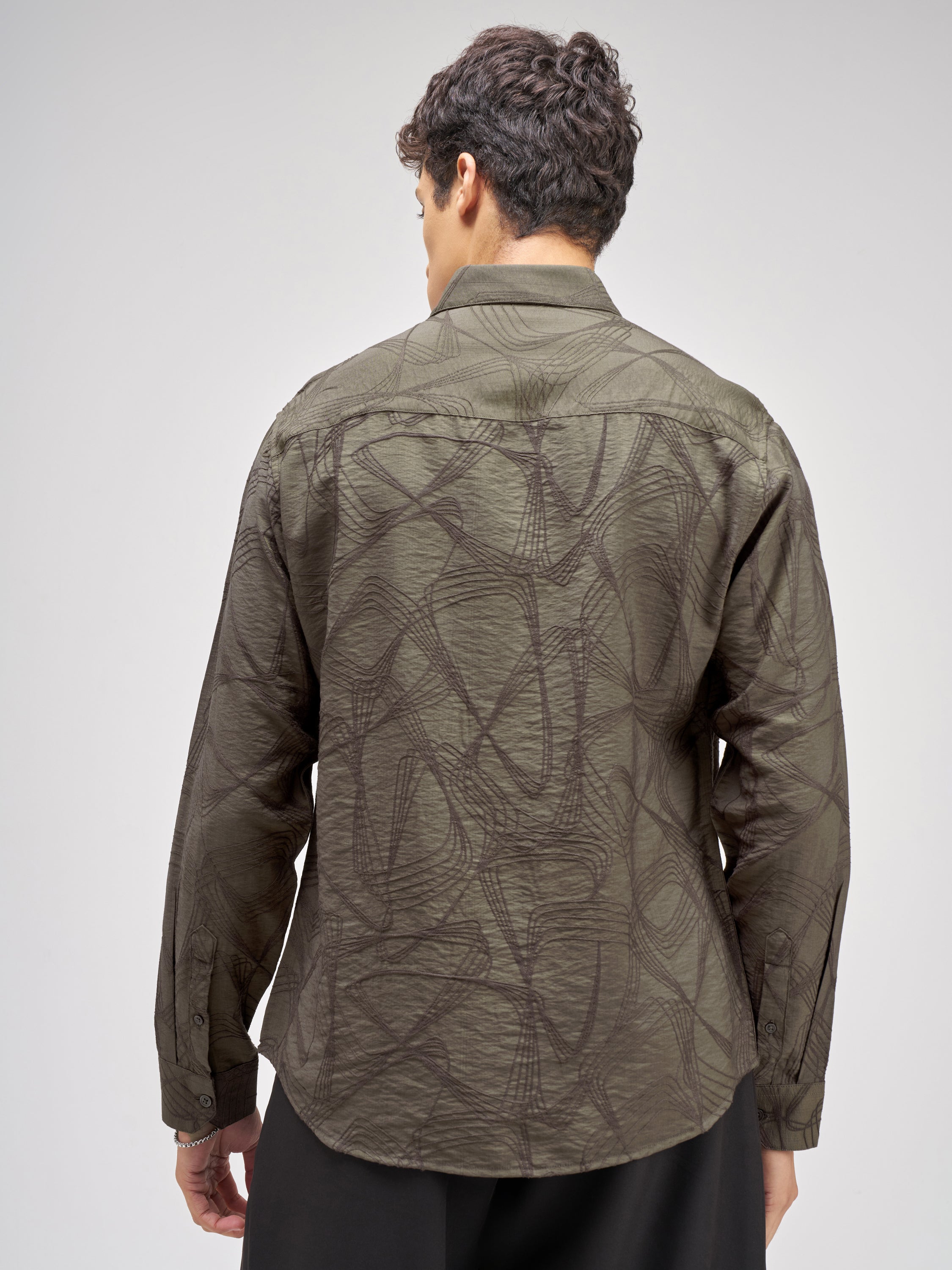 Highlander Men Olive Embroidered Relaxed Fit Casual Shirt - Olive - Image 3