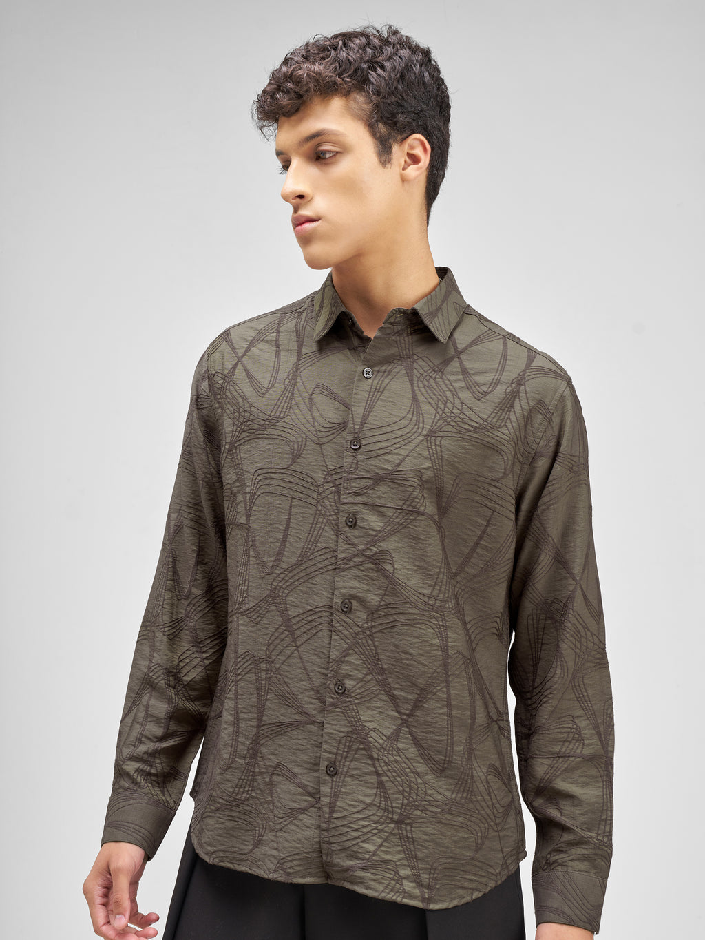 Highlander Men Olive Embroidered Relaxed Fit Casual Shirt - Olive - Image 4