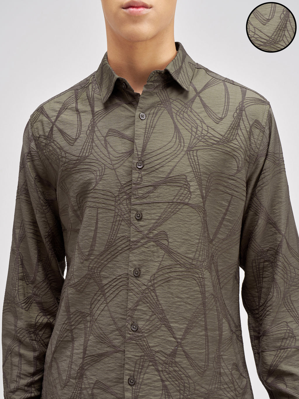 Highlander Men Olive Embroidered Relaxed Fit Casual Shirt - Olive - Image 5