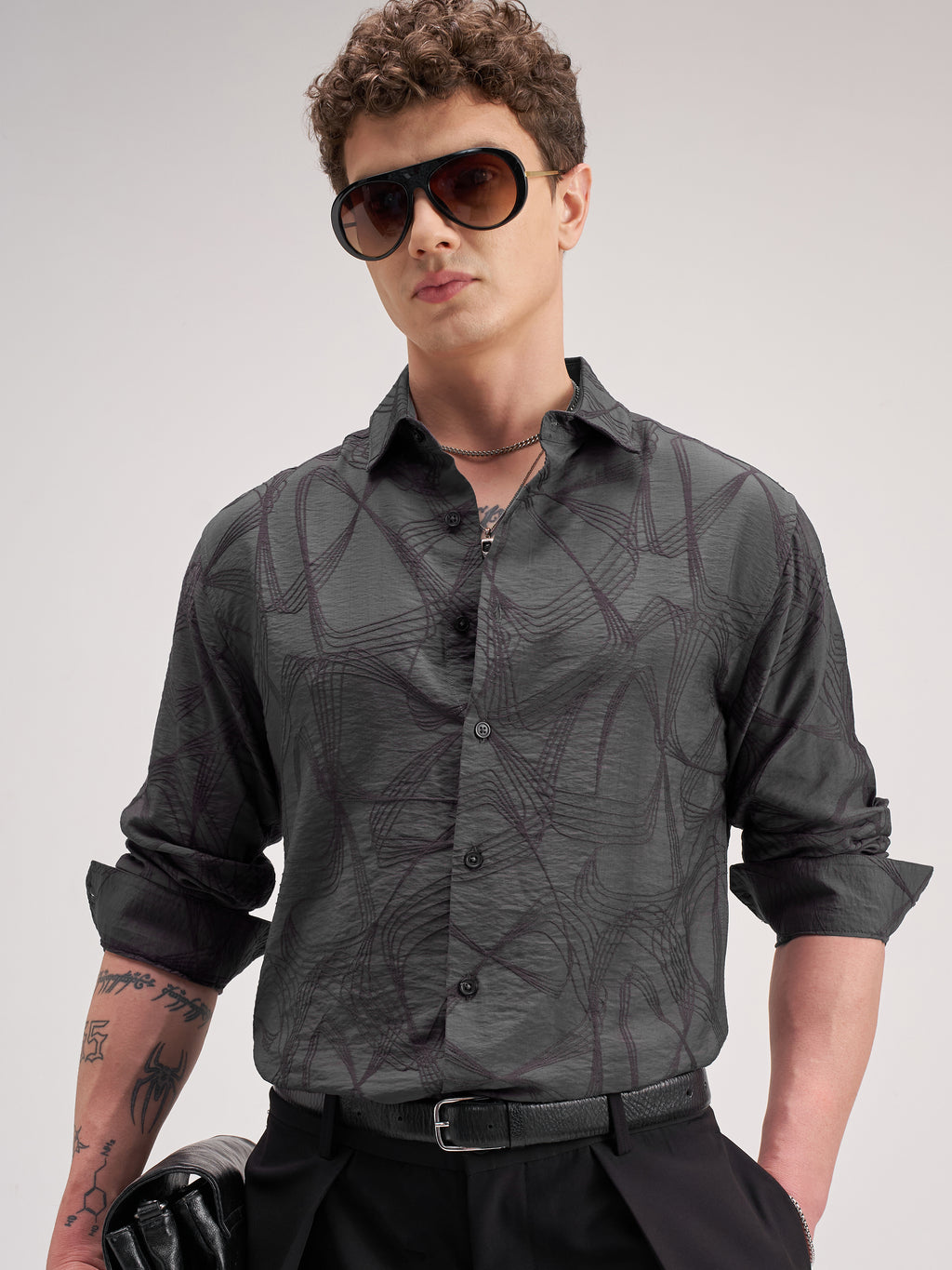 Highlander Men Grey Self Design Slim Fit Casual Shirt - Grey - Image 1