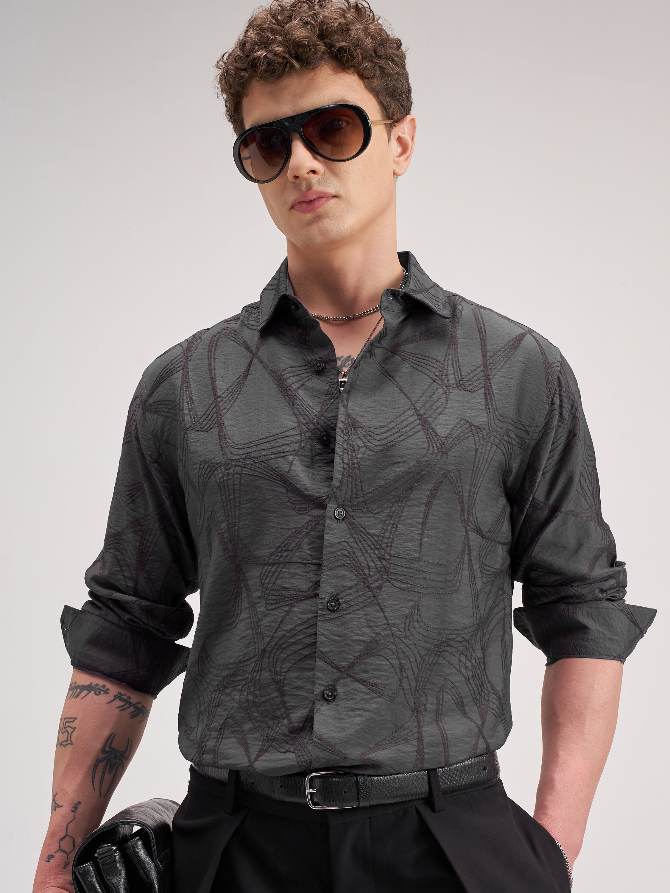 Highlander Men Grey Self Design Slim Fit Casual Shirt - Grey - Image 1