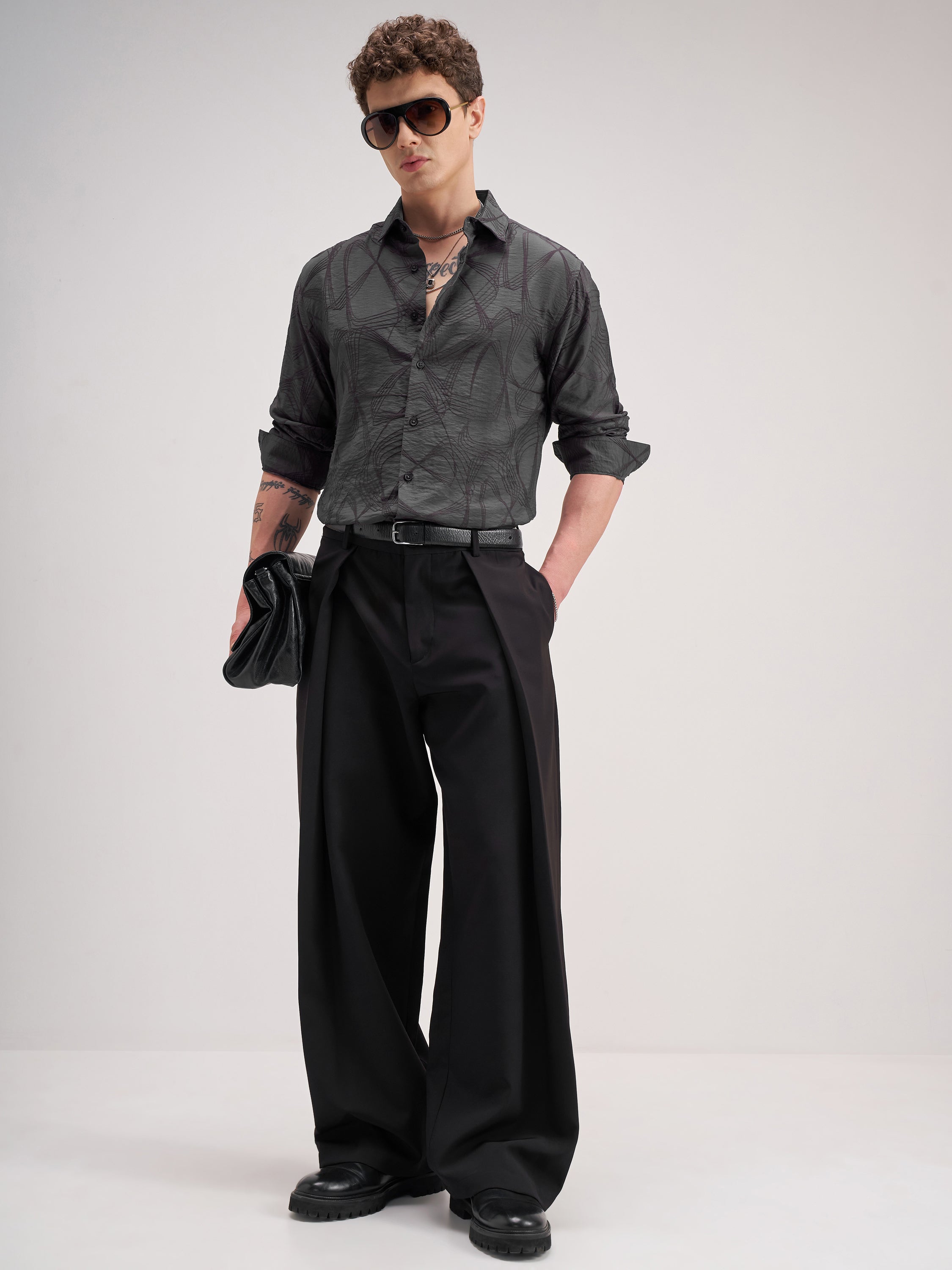 Highlander Men Grey Self Design Slim Fit Casual Shirt - Grey - Image 2