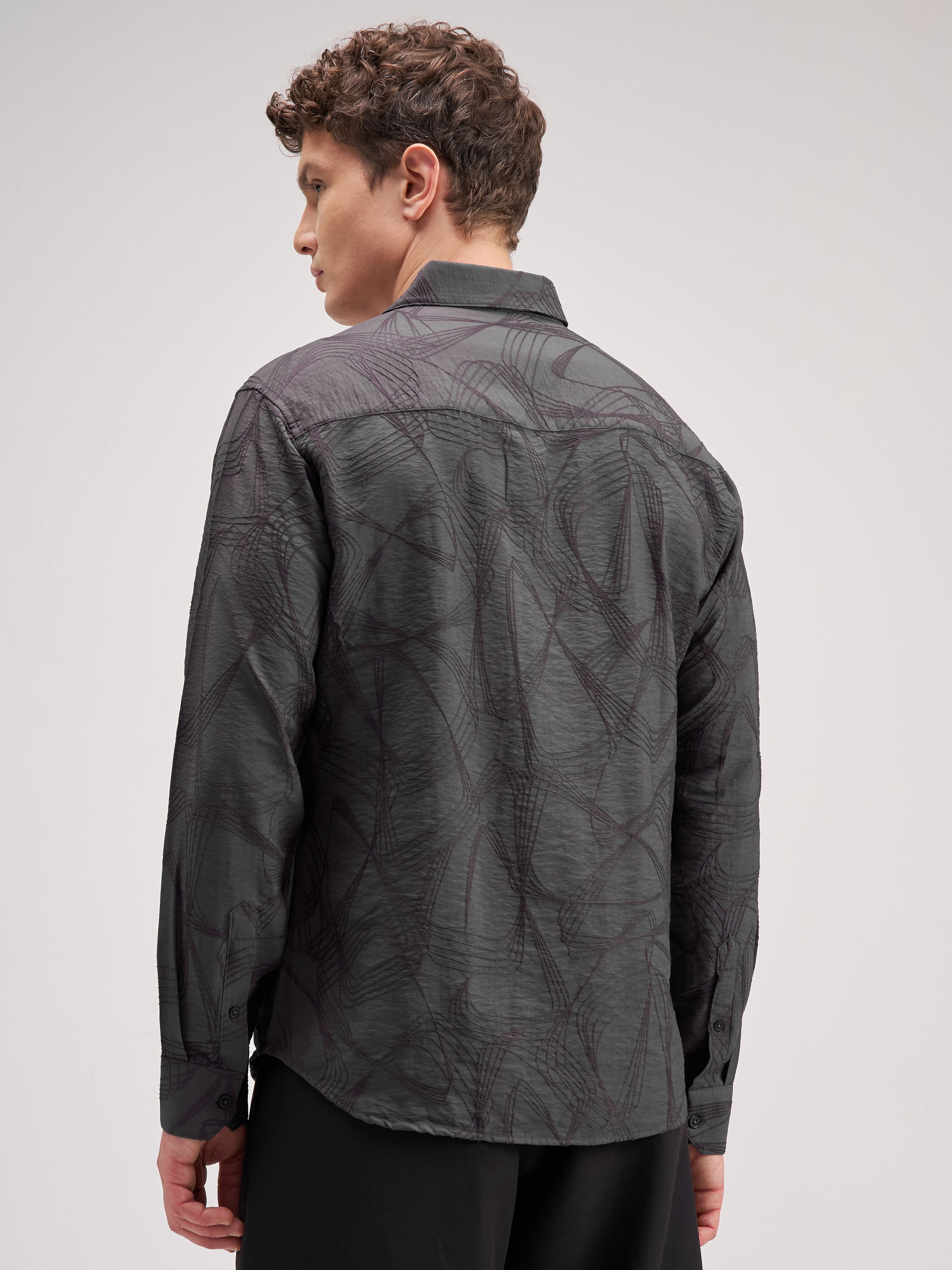 Highlander Men Grey Self Design Slim Fit Casual Shirt - Grey - Image 3