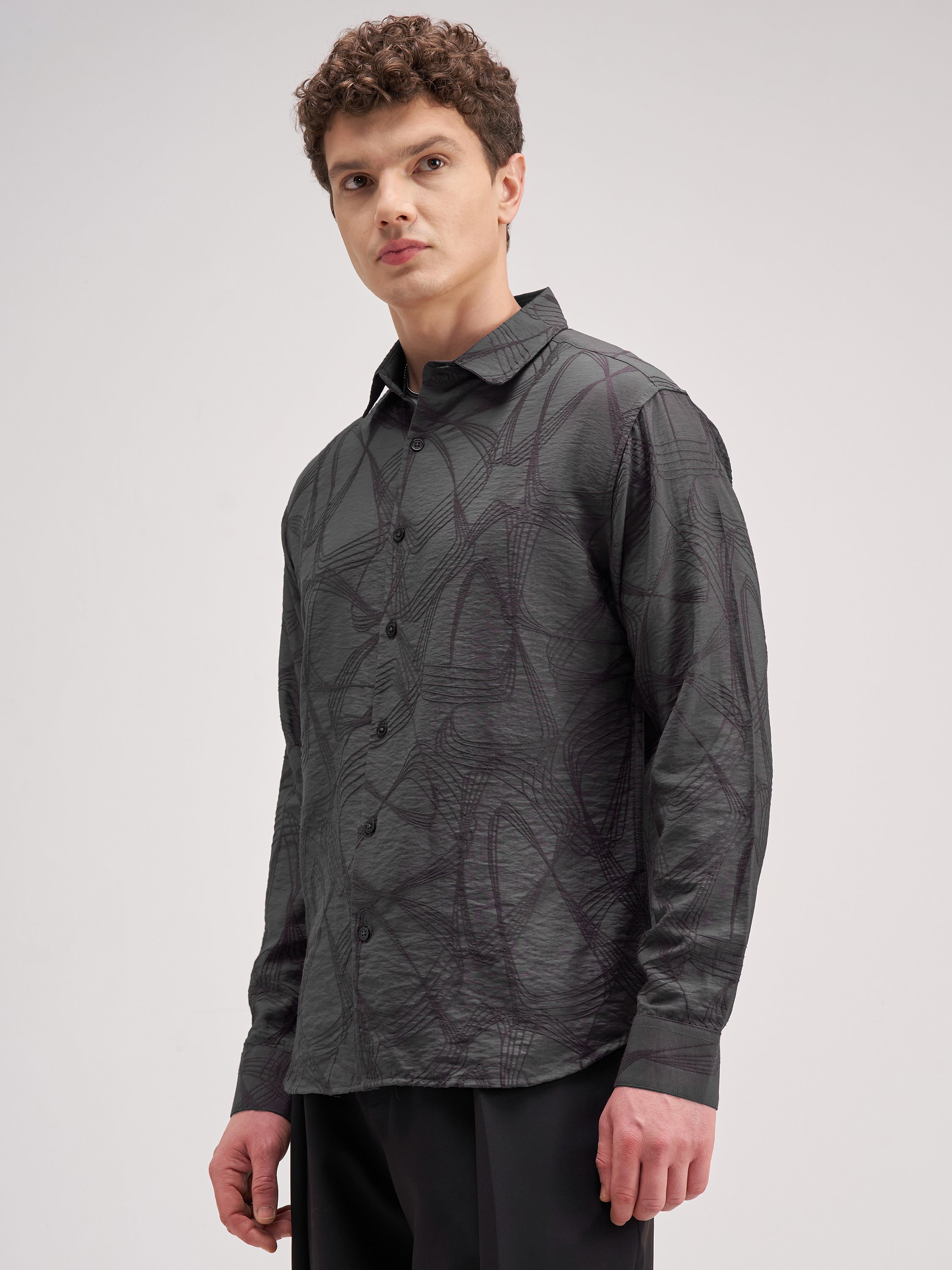 Highlander Men Grey Self Design Slim Fit Casual Shirt - Grey - Image 4