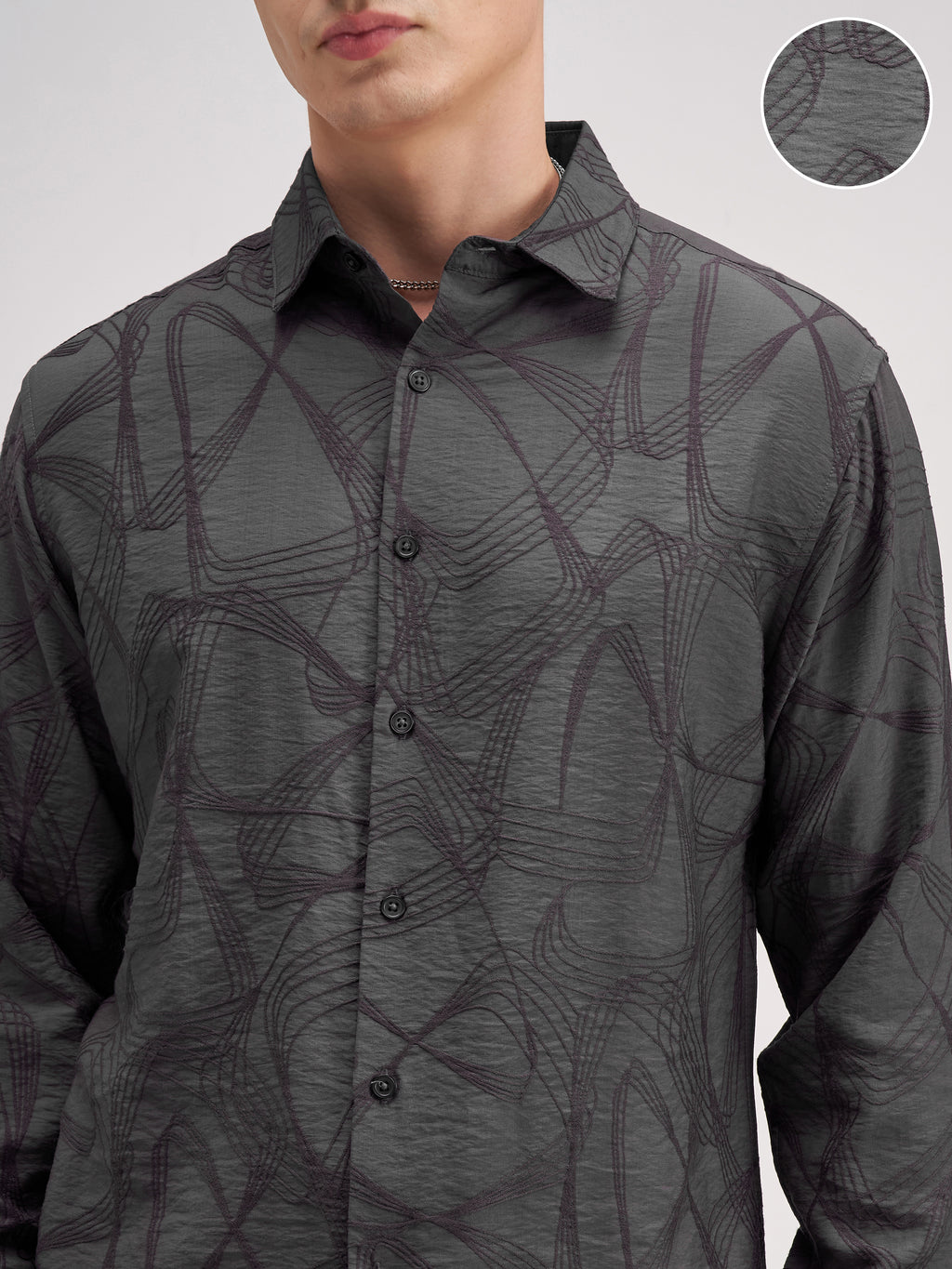 Highlander Men Grey Self Design Slim Fit Casual Shirt - Grey - Image 5