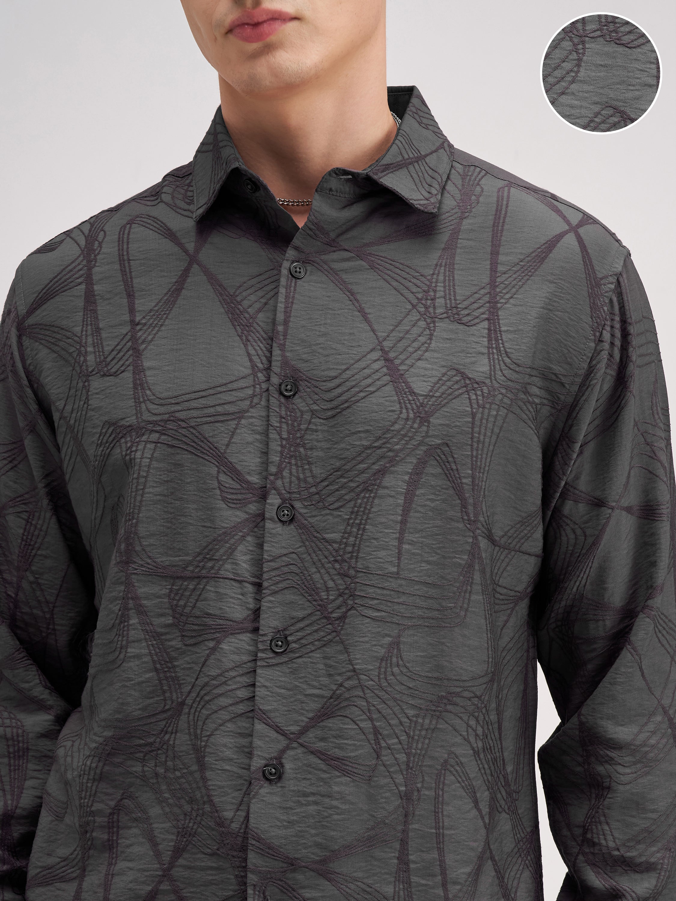 Highlander Men Grey Self Design Slim Fit Casual Shirt - Grey - Image 5