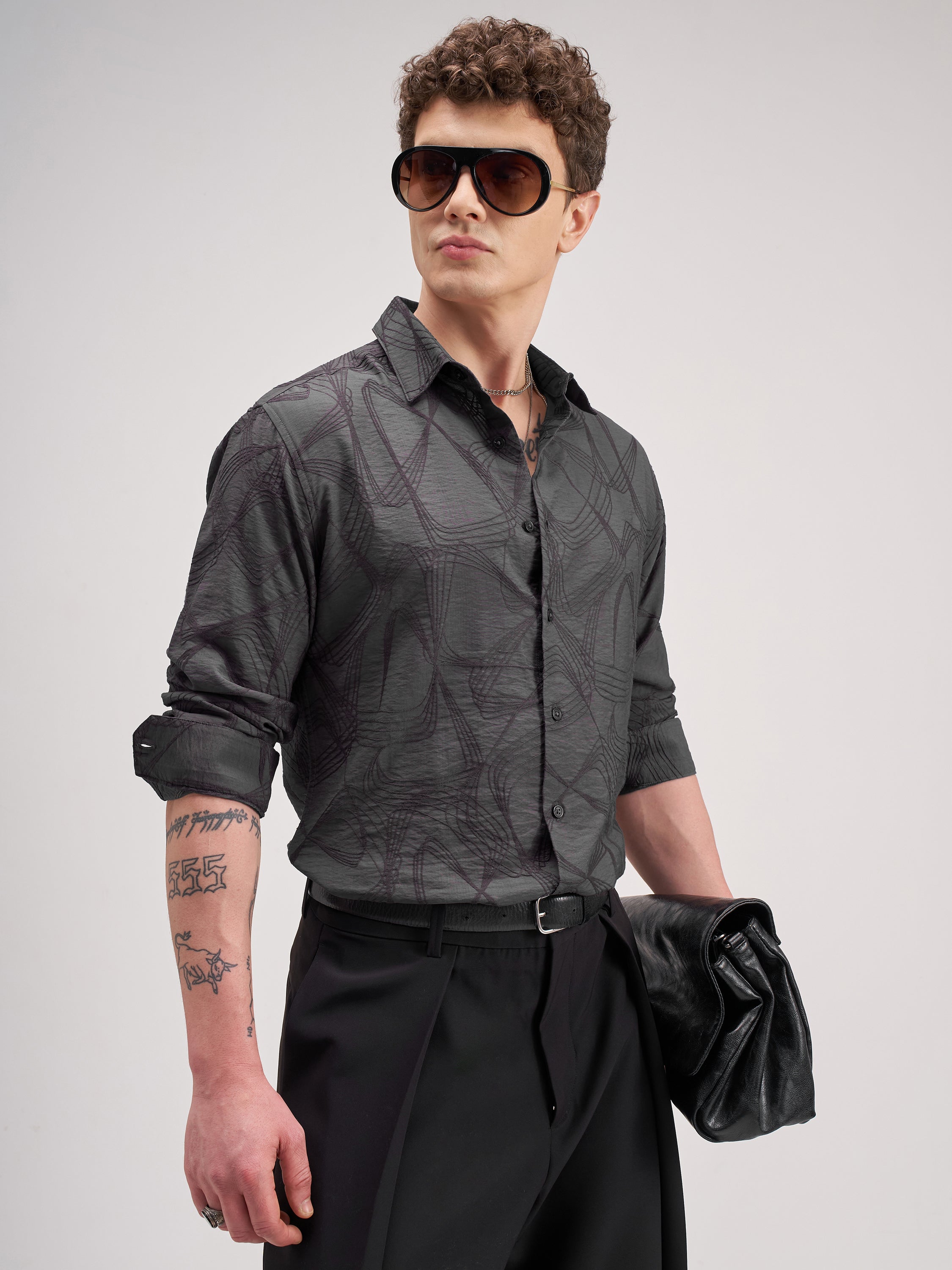 Highlander Men Grey Self Design Slim Fit Casual Shirt - Grey - Image 6