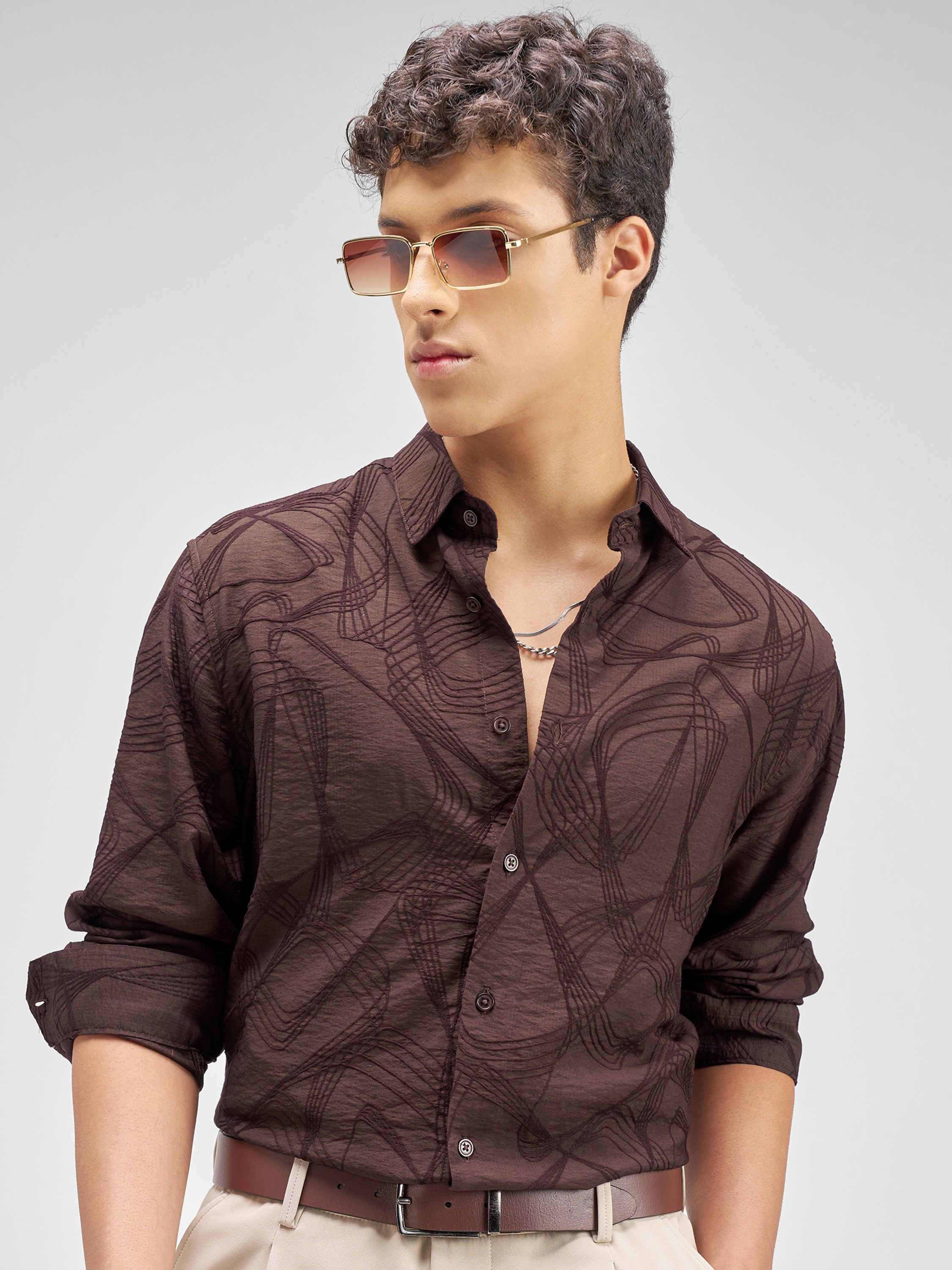 Highlander Men Burgundy Embroidered Relaxed Fit Casual Shirt - Burgundy - Image 1