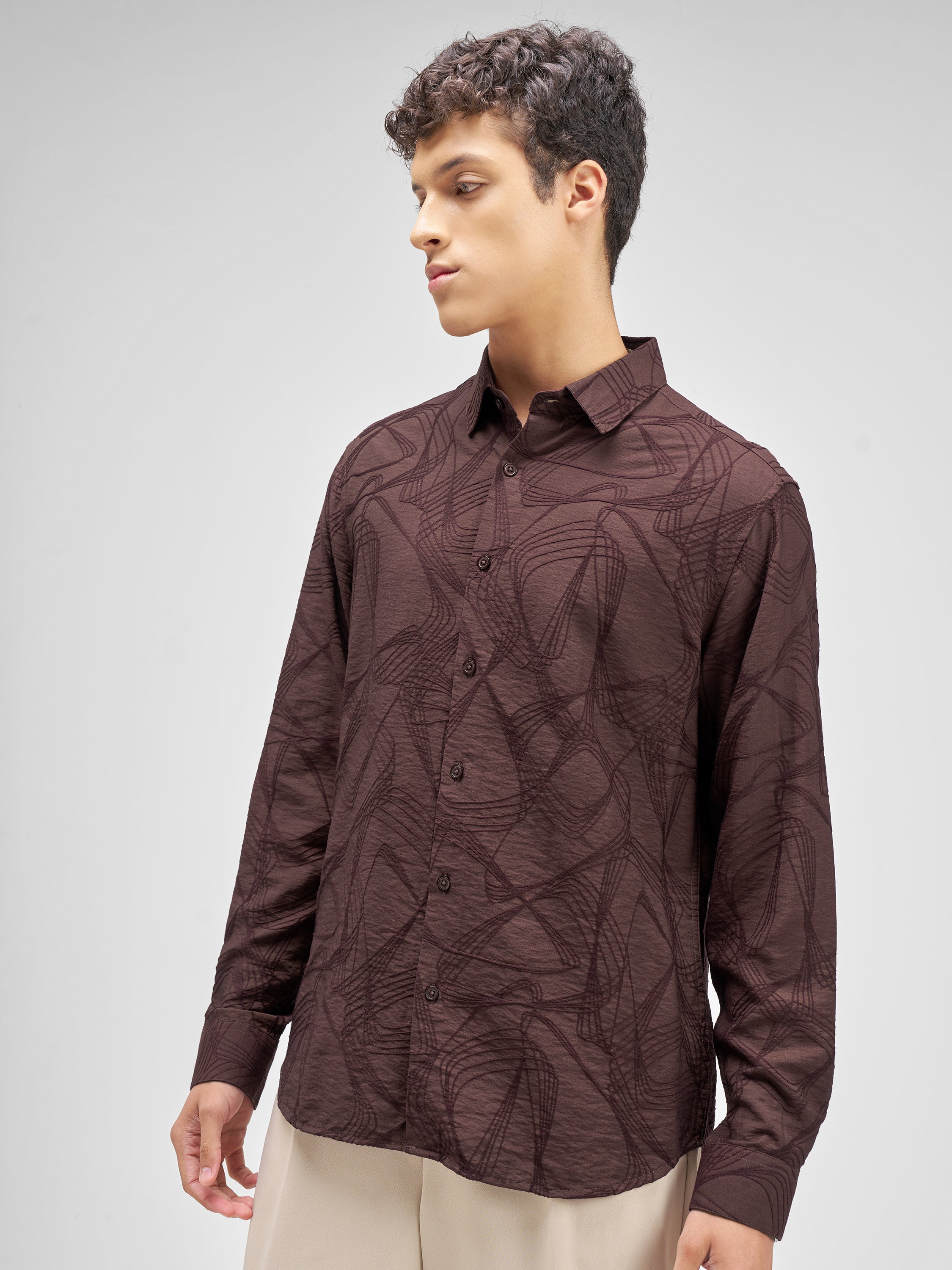 Highlander Men Burgundy Embroidered Relaxed Fit Casual Shirt - Burgundy - Image 4