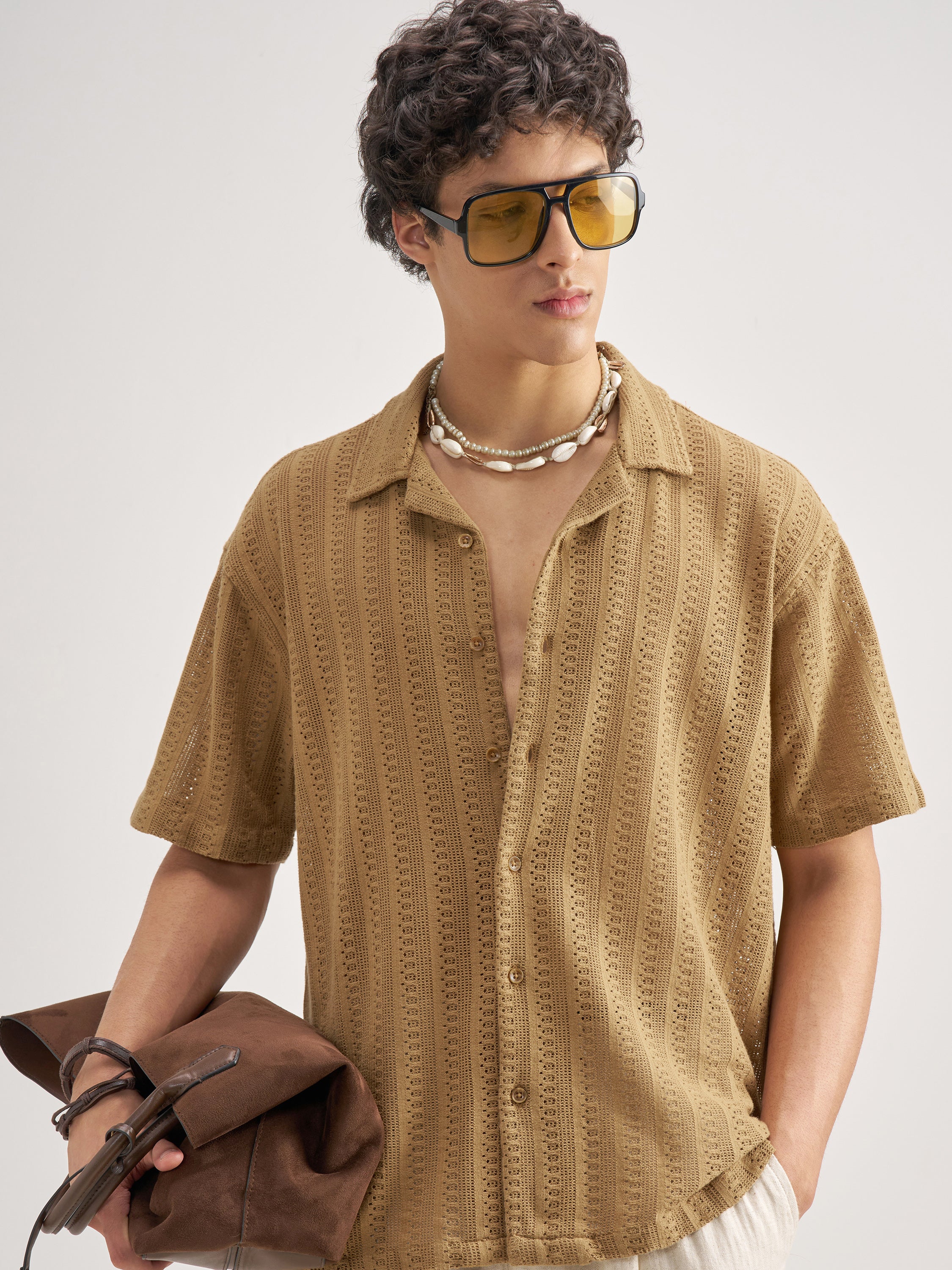Highlander Men Khaki Self Design Relaxed Fit Casual Shirt - Khaki - Image 1