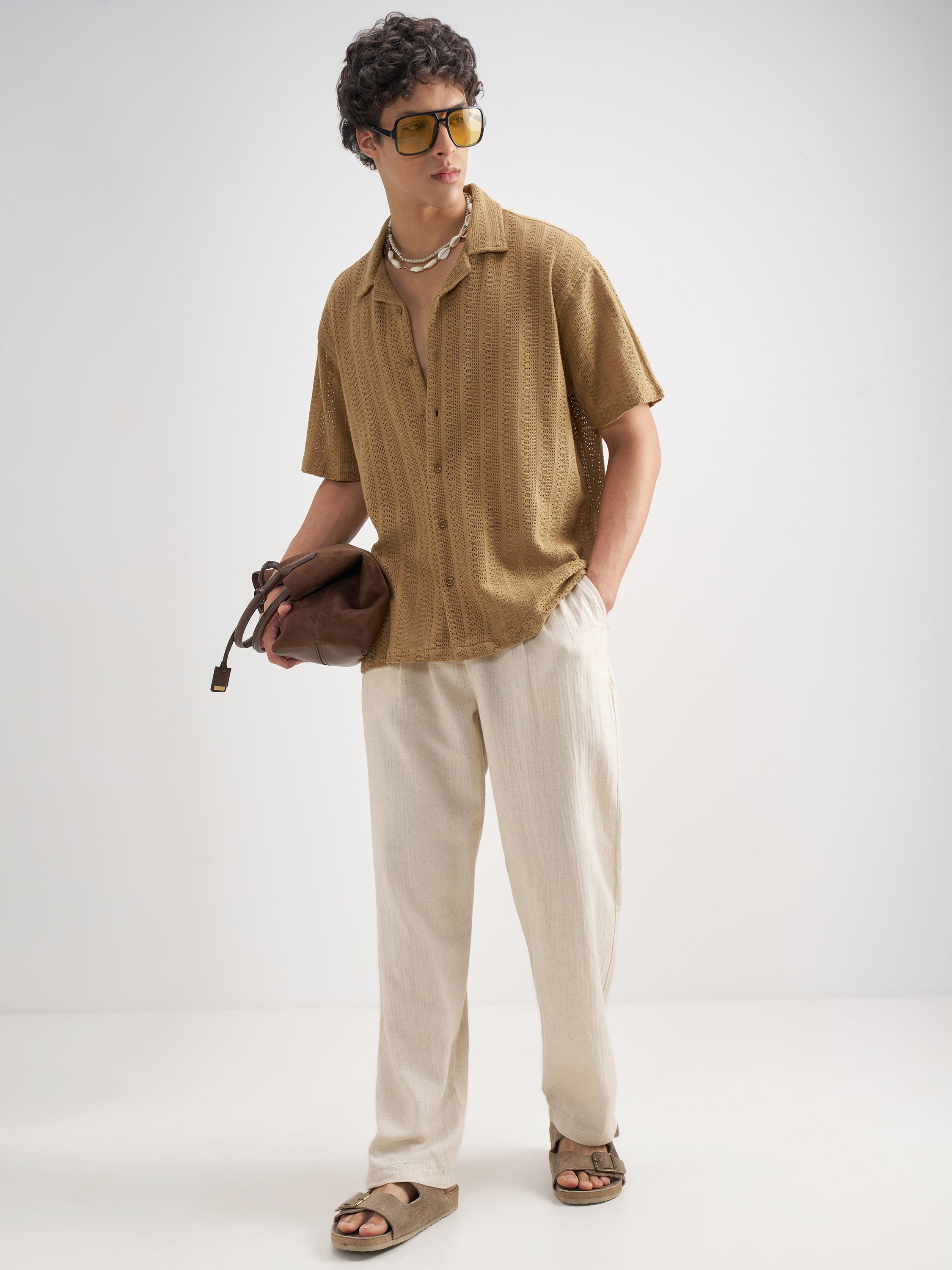 Highlander Men Khaki Self Design Relaxed Fit Casual Shirt - Khaki - Image 2