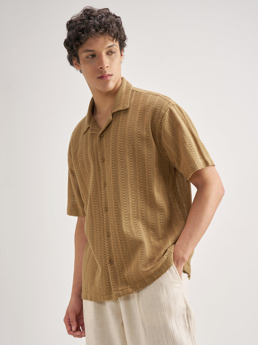 Highlander Men Khaki Self Design Relaxed Fit Casual Shirt - Khaki - Image 4