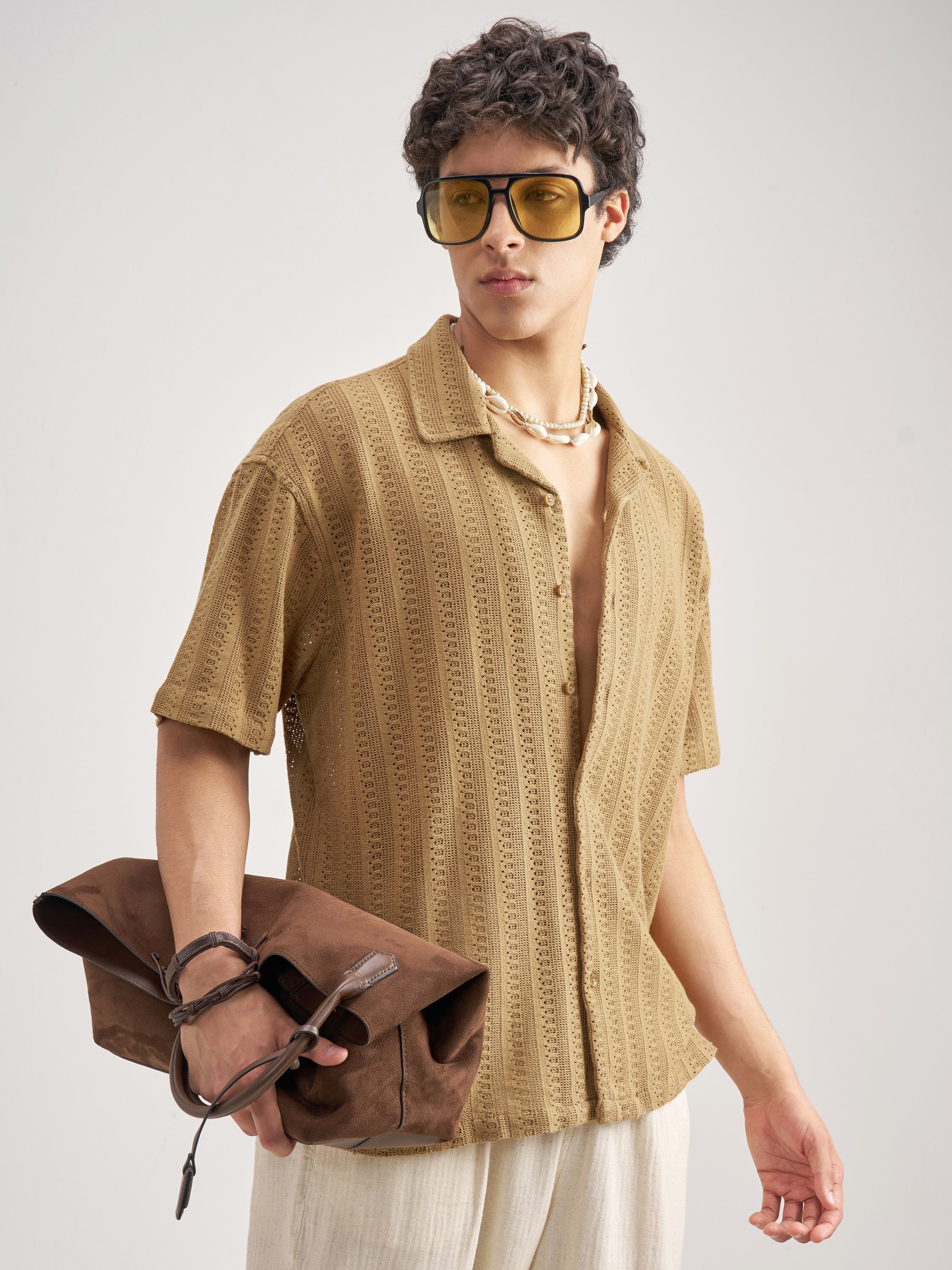 Highlander Men Khaki Self Design Relaxed Fit Casual Shirt - Khaki - Image 6