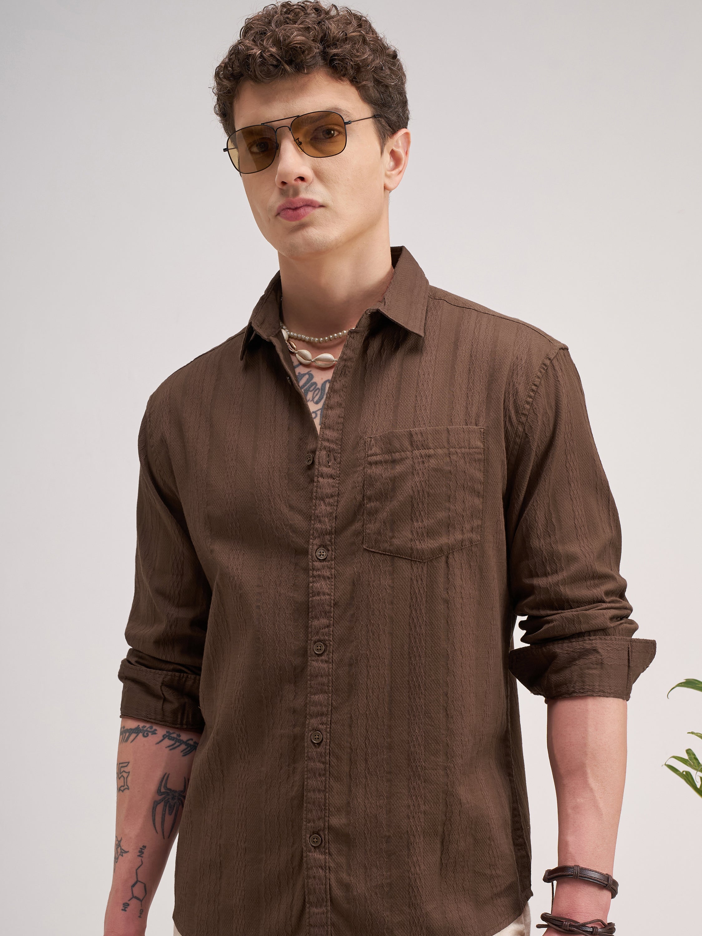 Highlander Men Brown Striped Regular Fit Casual Shirt - Brown - Image 1