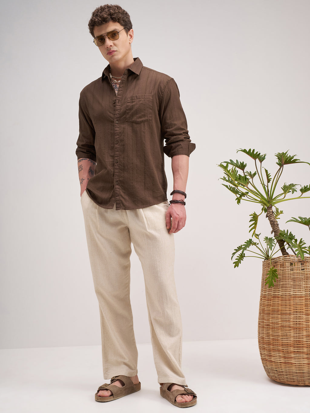 Highlander Men Brown Striped Regular Fit Casual Shirt - Brown - Image 2