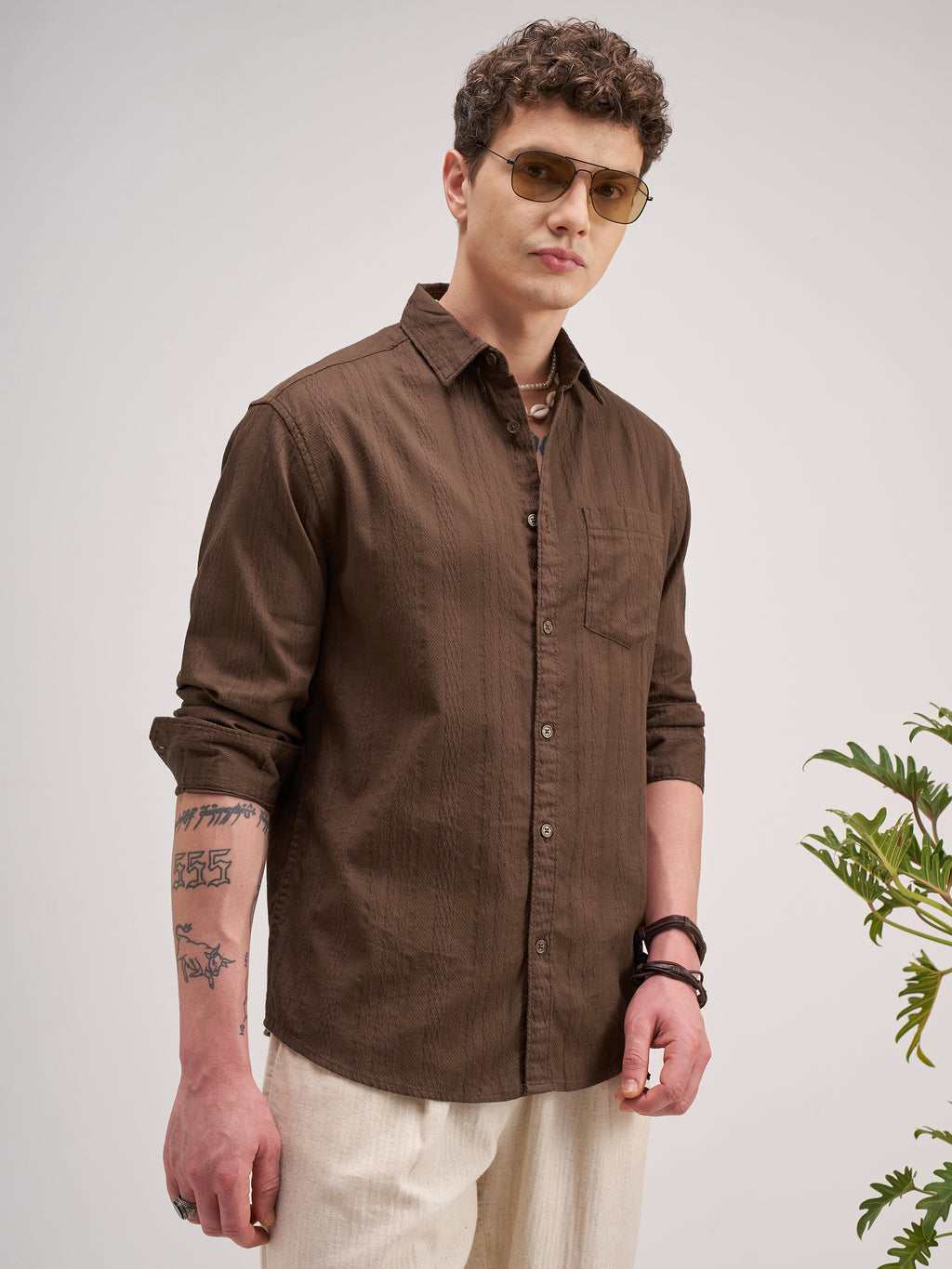 Highlander Men Brown Striped Regular Fit Casual Shirt - Brown - Image 6