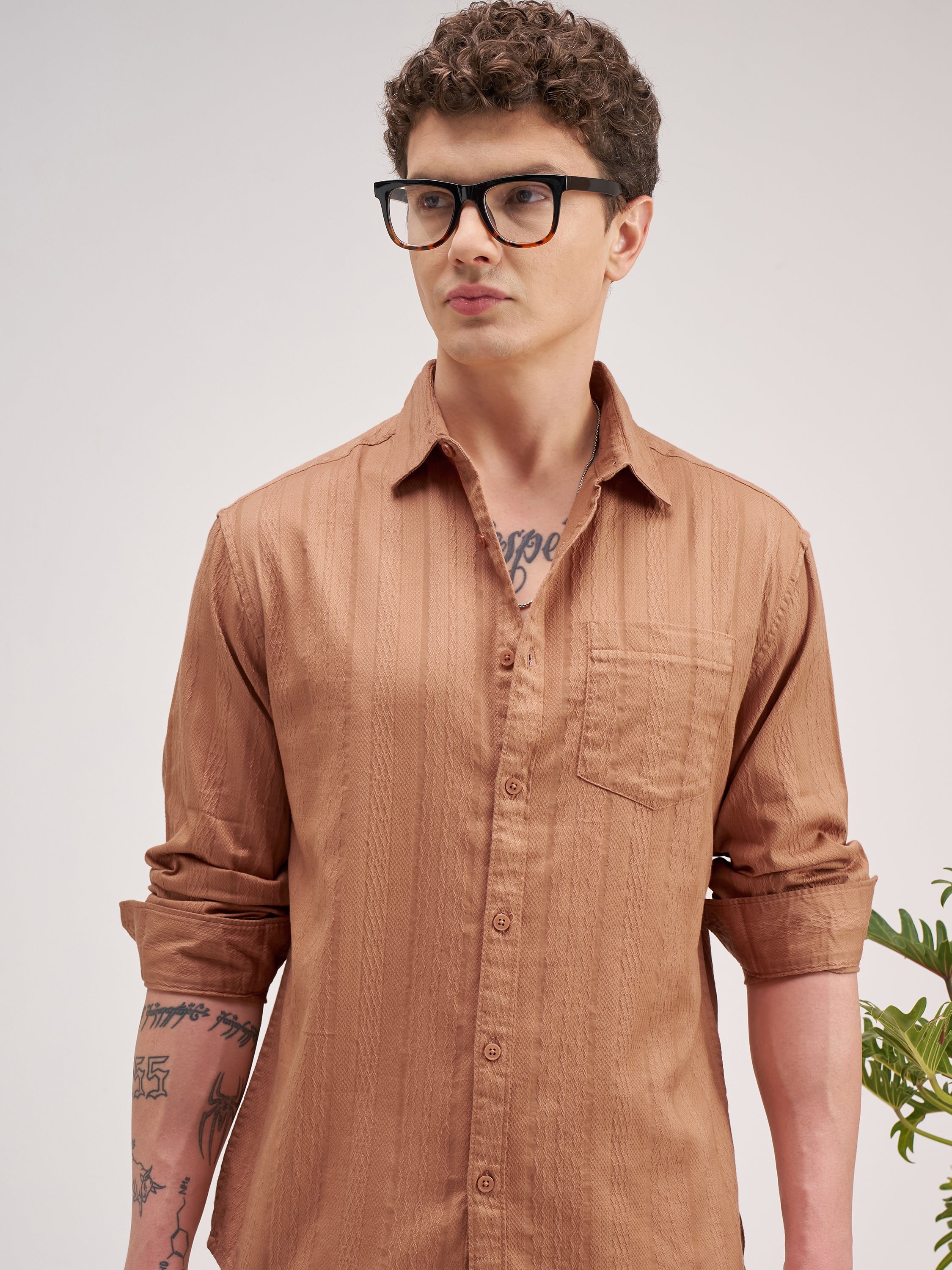 Highlander Men Coral Striped Regular Fit Casual Shirt - Coral - Image 1