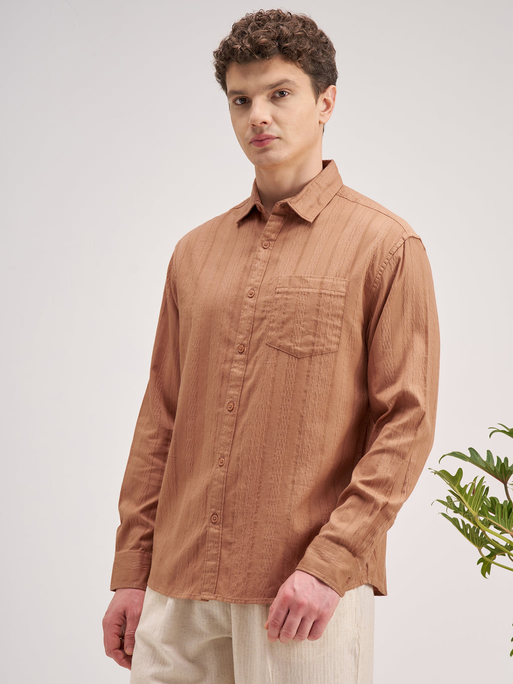 Highlander Men Coral Striped Regular Fit Casual Shirt - Coral - Image 4