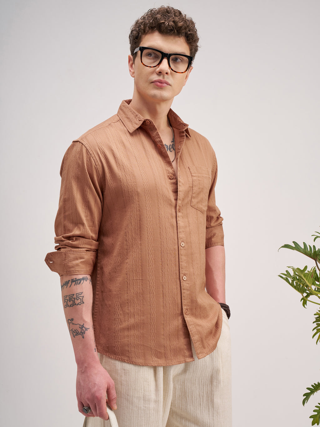 Highlander Men Coral Striped Regular Fit Casual Shirt - Coral - Image 6