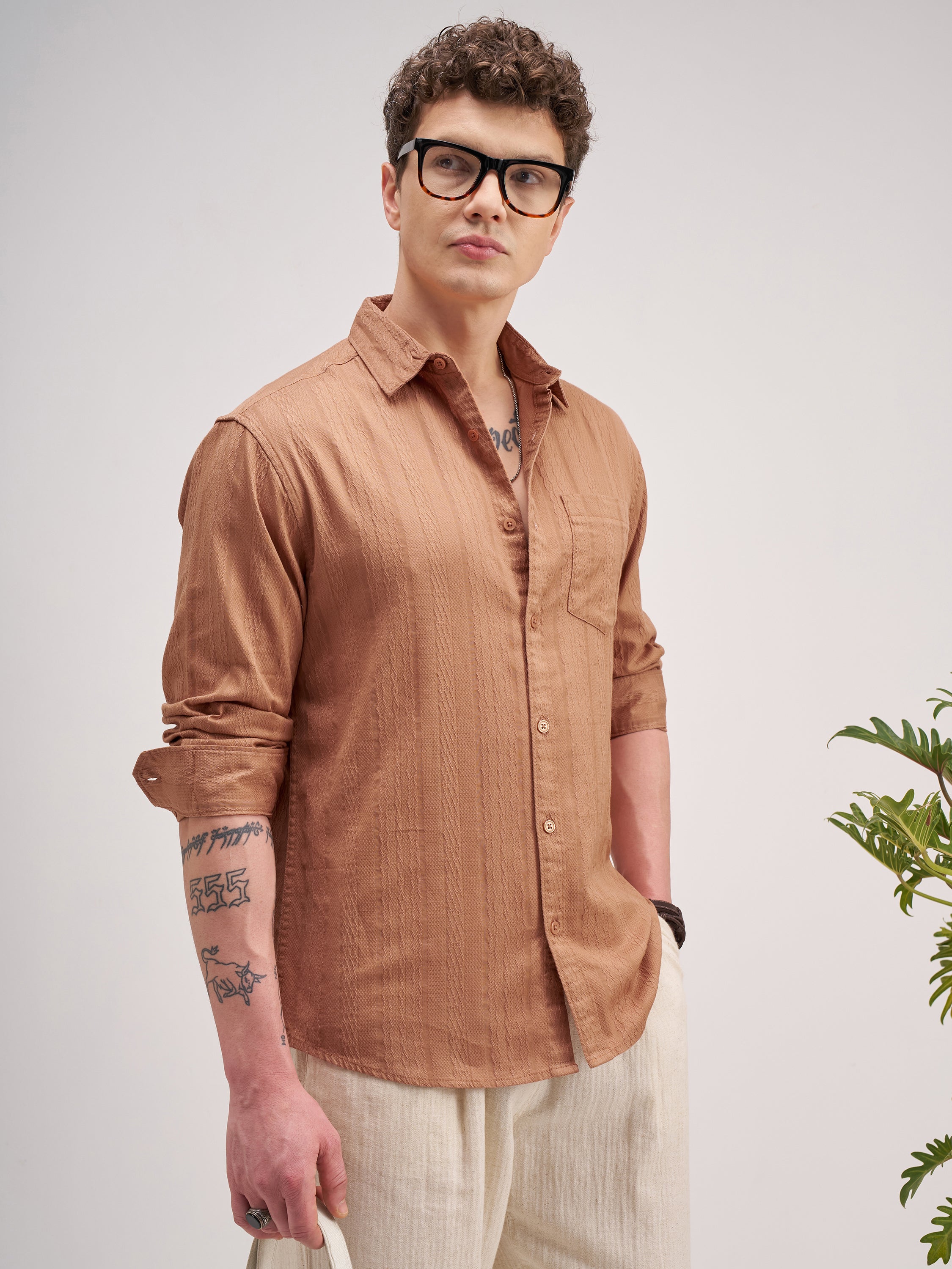 Highlander Men Coral Striped Regular Fit Casual Shirt - Coral - Image 6