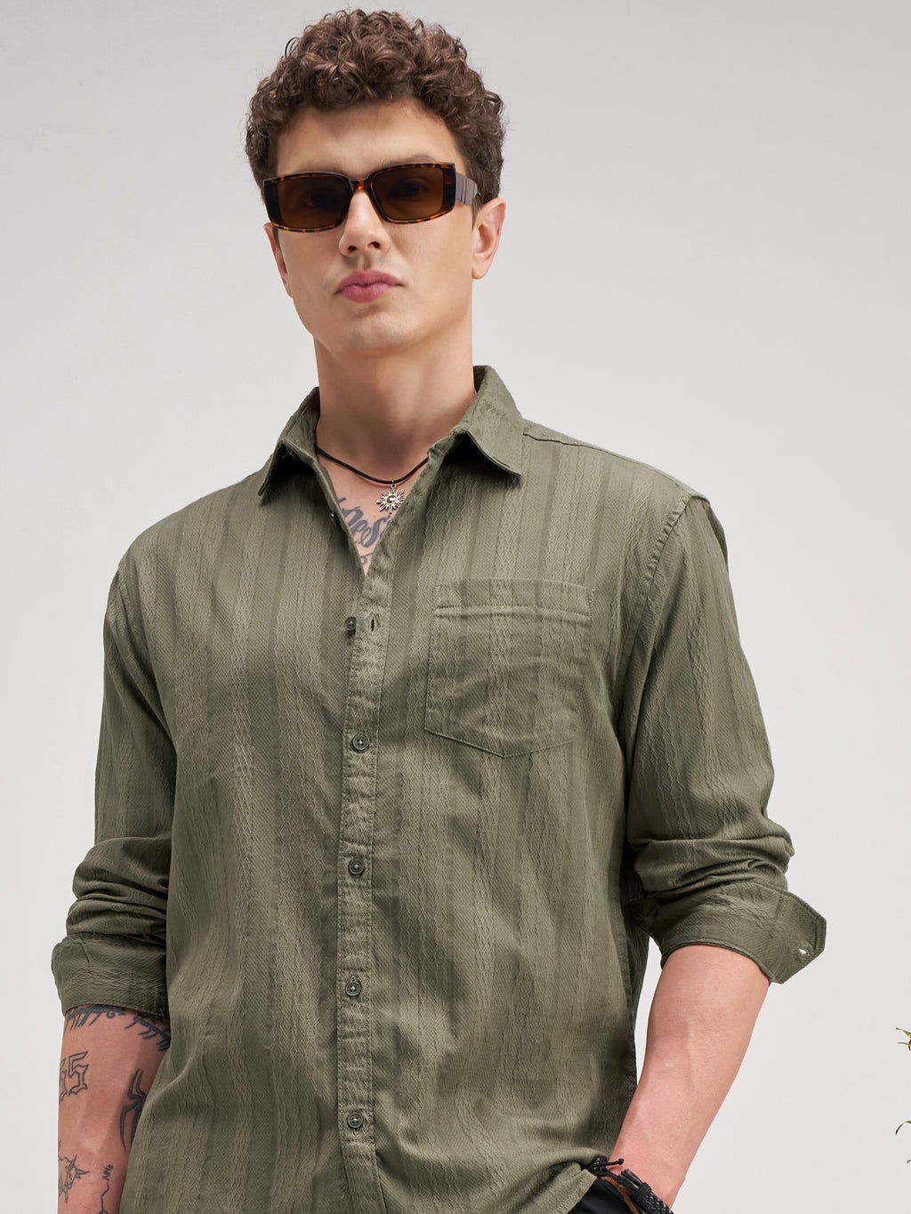 Highlander Men Olive Striped Regular Fit Casual Shirt - Olive - Image 1